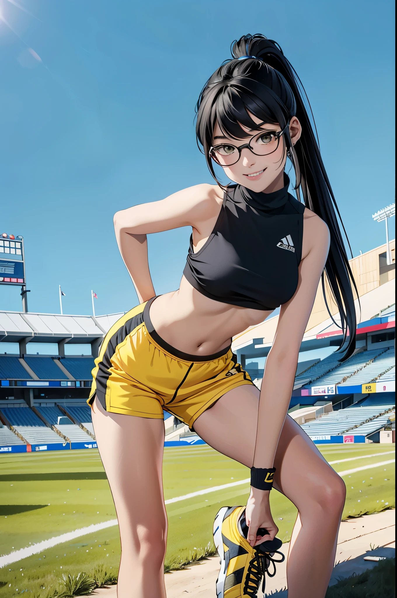 beautiful girl runner, , Prepare to practice running, Lean over to tie your shoelaces......., Black Hair, Ponytail, bangs, Smile a little......., Wear glasses, ((Wear a sleeveless sports bar......., turtleneck, black and yellow shorts, (underboob))), The abdomen has sexy lines......., yellow running shoes, in the stadium stands, anime, high-res