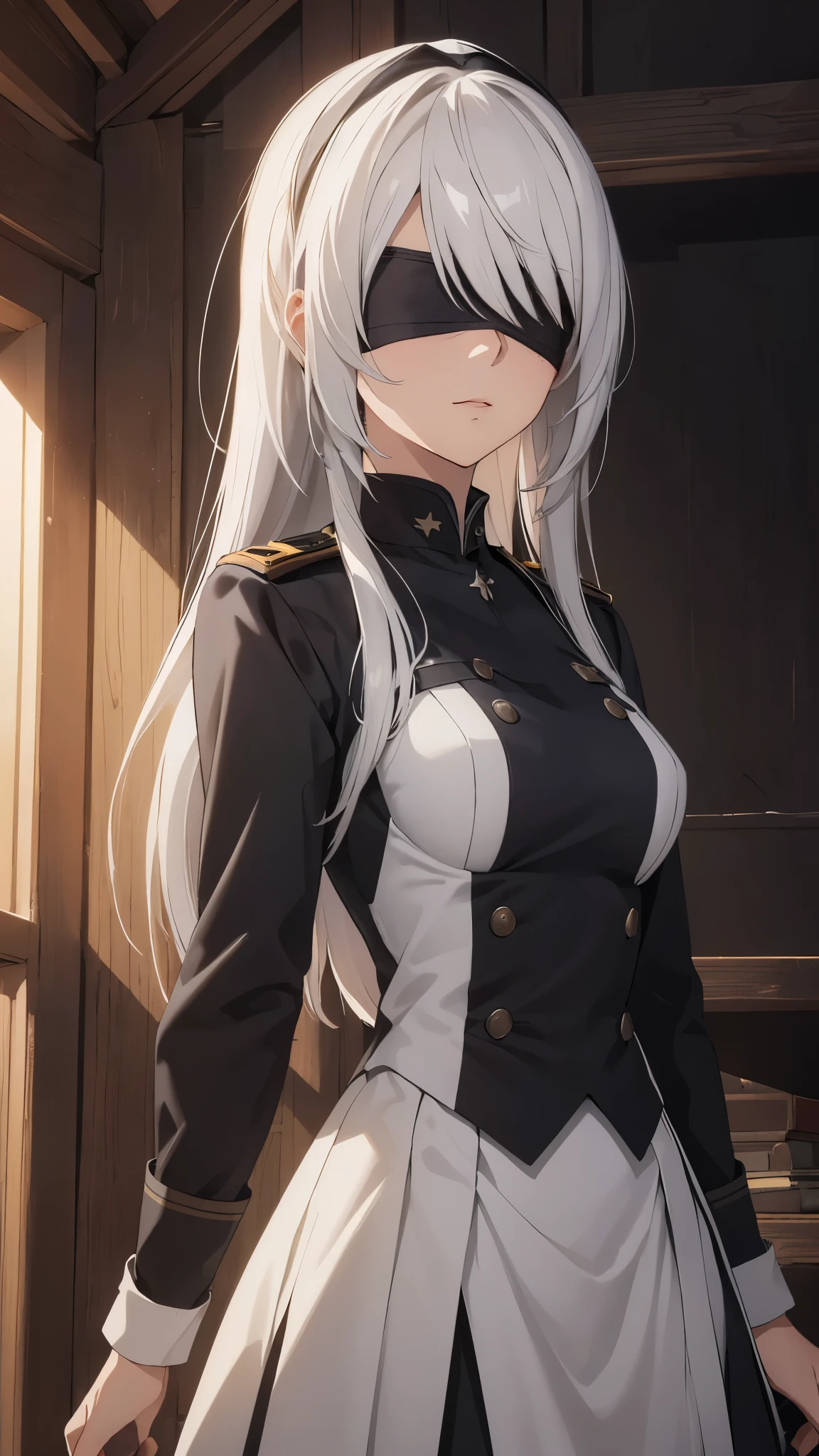 (extremely detailed CG unity 8k wallpaper), (masterpiece), (best quality), (ultra-detailed), (best illustration), (best shadow), (absurdres), 2b, 1girl, long hair, normal size , white hair, blindfold solo, Intimidating women, admiral uniform, night, hero pose, white clothes, General Uniform, Military Uniform, Sunlight, exposed to sunlight,commander, cape, fighting, ((beautiful fantasy girl)), (Master Part: 1.2), Best Quality, High Resolution, photorealestic, photogenic, Unity 8k Wallpaper, perfect lighting, (perfect arms, perfect anatomy) beatiful face, intricate details, Detalhes realistas, the anime, The Perfect Girl, perfect details, Ultra HD |, 8K, Professional photo(extremely detailed CG unity 8k wallpaper), (masterpiece), (best quality), (ultra-detailed), (best illustration), (best shadow), (absurdres), 2b, 1girl, long hair, long ponytail, normal size , white hair, blindfold solo, Intimidating women, admiral uniform, night, hero pose, white clothes, General Uniform, Military Uniform, Sunlight, exposed to sunlight, commander, black clothes, sunkissed, sunset background