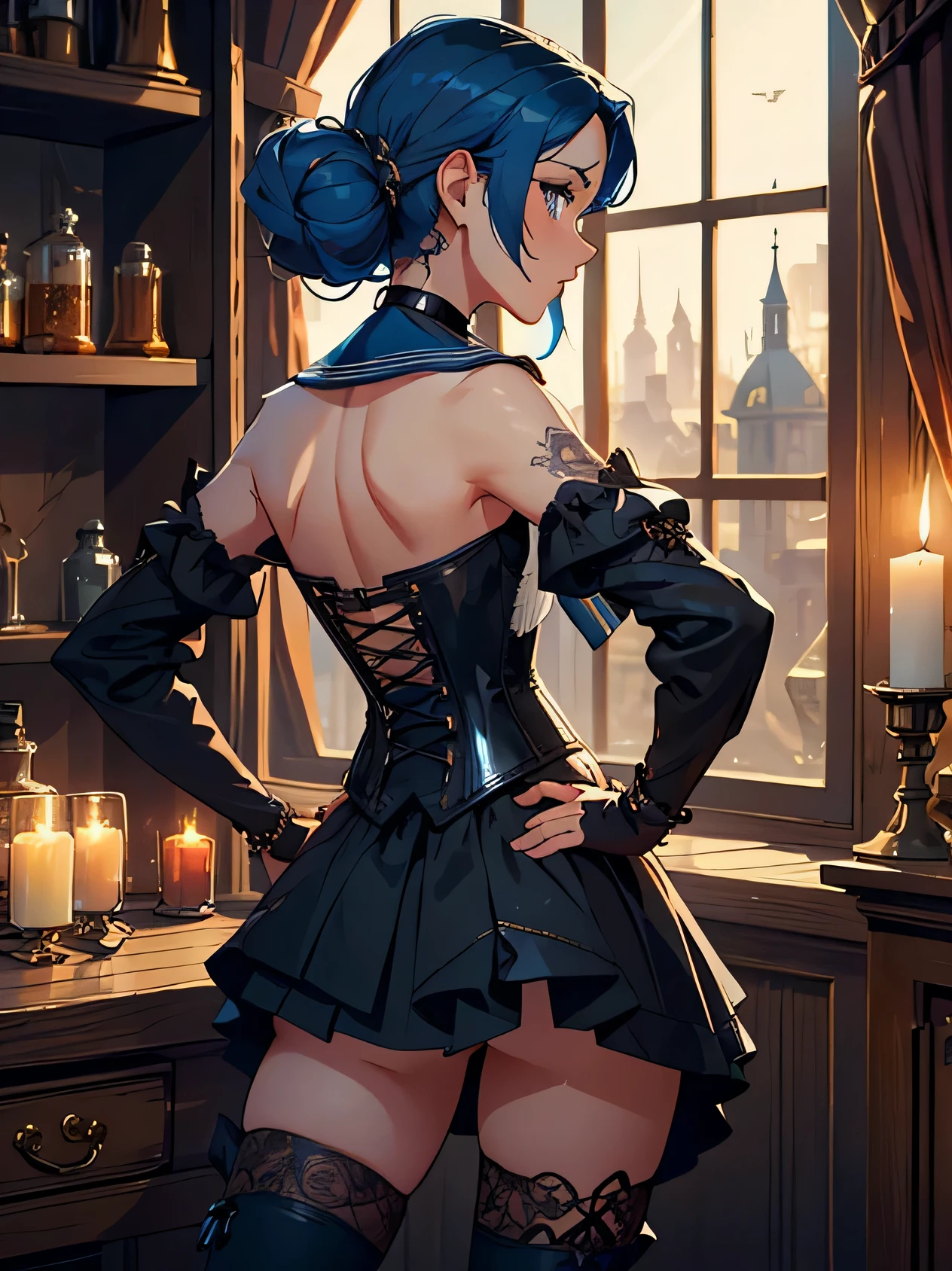 masterpiece, high quality, illustration, extremely detailed, back facing, 1_women, back facing viewer, (bright blue hair), medium length hair, flowing hair, mature, tall, beautiful, exotic, elegant, slim, (((hands on hips))), (((sailor collar))), black thigh highs, choker, medium bust, (brown steampunk corset), black ****ta style skirt, knee high brown boots with laces, bare shoulder, black elegant elbow gloves, steampunk, in rustic room, wooden table, crystal ball, rustic gypsy hut, candles, candle light, clocks on walls, skulls, potions, curtains, colored smoke in the air, 