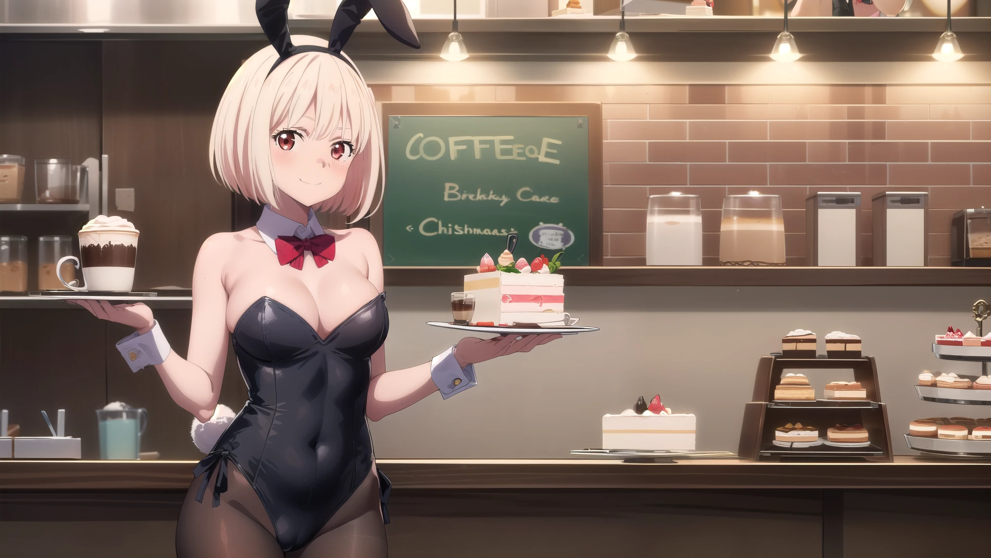 masterpiece, best quality, solo, 1girl, chisato nishikigi, looking at viewer, light smile, closed mouth, blush, embarrassed, medium breasts, playboy bunny, rabbit ears, black pantyhose, red bowtie, wrist cuffs, black leotard, holding tray, cake, cafe, coffee, standing, cafe shop, full body