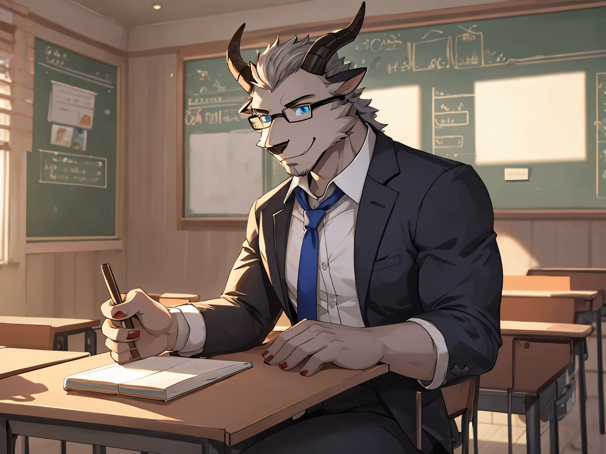 Masterpiece, solo, Furry Gray Dragon, Blue eyes, Medium Gray Hair, Two Horns, Muscular Body, Smiling, Handsome, Glasses, Teaching, Teacher Outfit, Classroom Background.