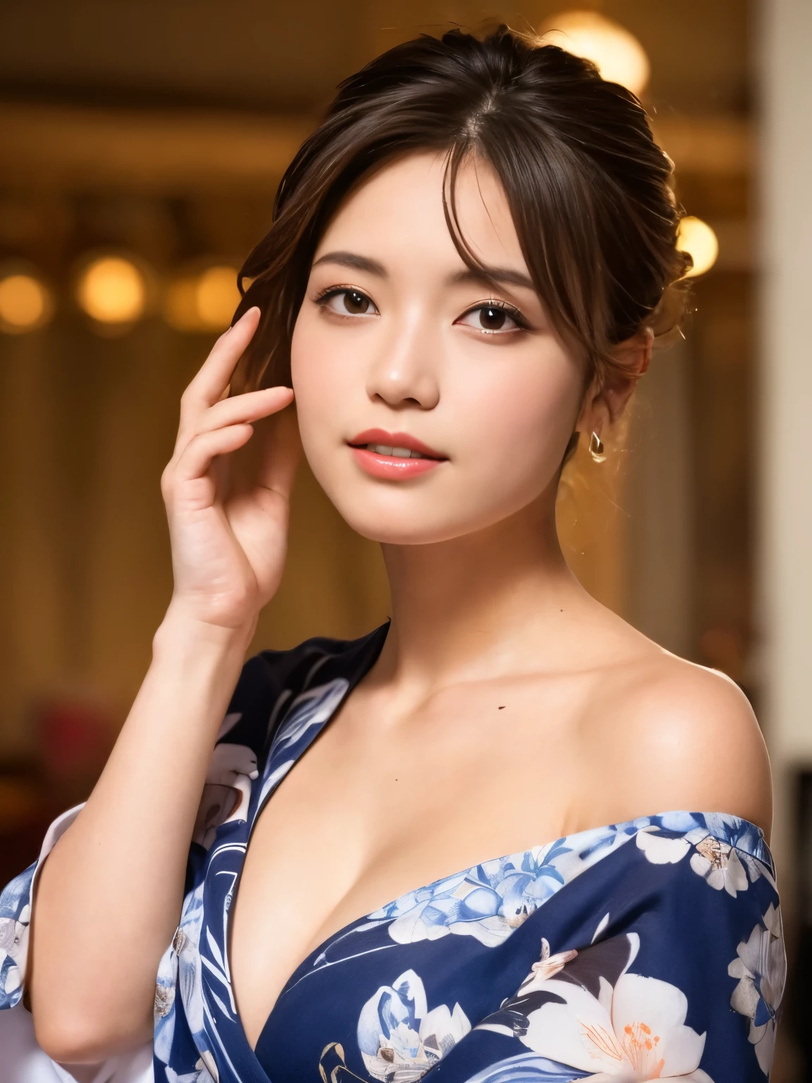 table top, highest quality, figure, super detailed, finely, High resolution, 8k wallpaper, 完璧なダイナミックな構figure, beautiful and fine eyes, kimono, off shoulder, cleavage