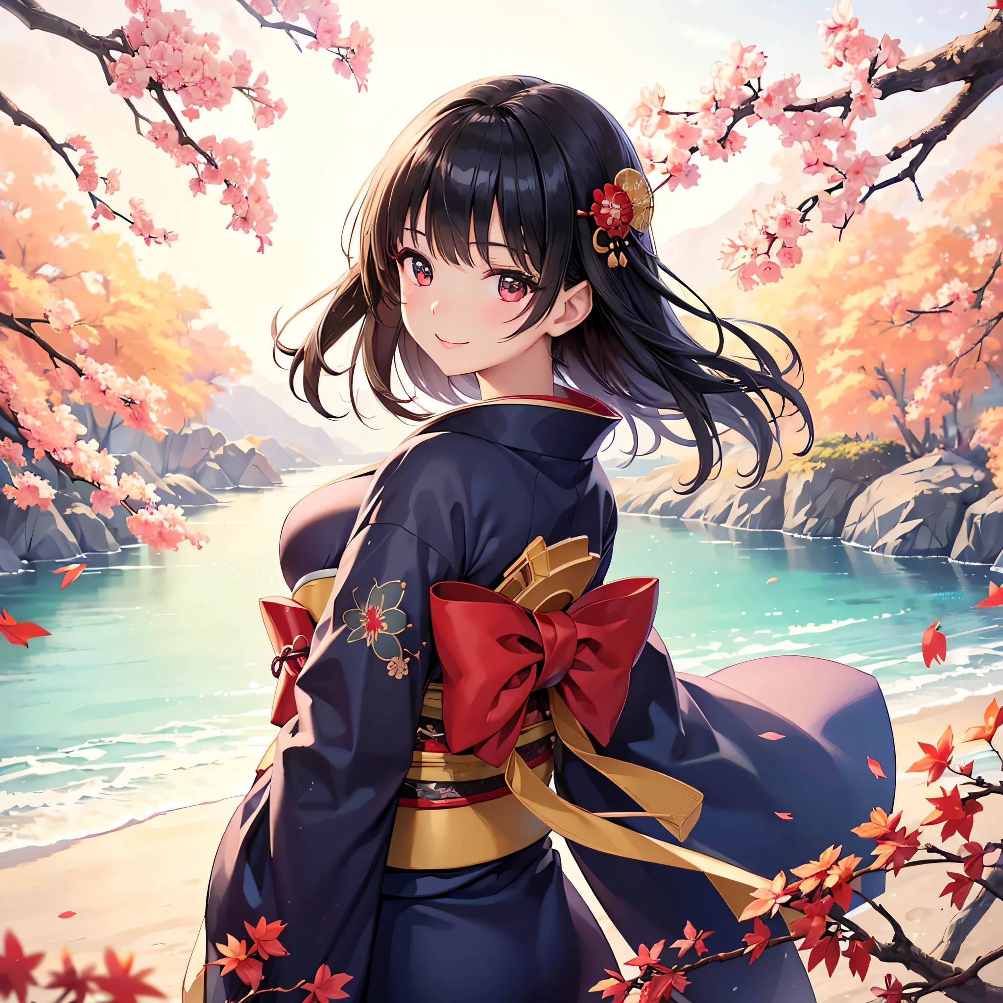 (Super beautiful woman in kimono)、((highest quality、8K masterpiece:1.3))、sharp focus:1.2、(super beautiful face:1.0)、(shiny skin:1.0)、realistic pictures、black haired、video writing、High resolution eyes and face、video writing、japanese actress、from the front、Medium chest、with a happy smile、wearing a kimono、under the autumn leaves、highest grade obi