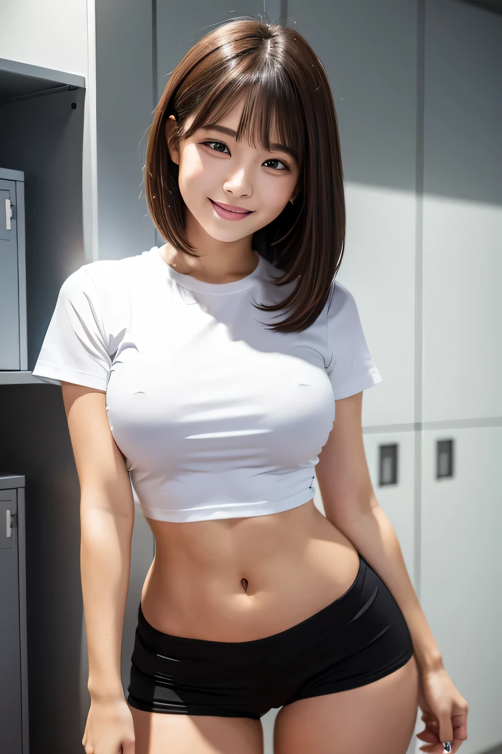narrow eyes, frontal shot , straight hair, From the middle , 1 girl, 23 year old girl, small eyes:1.3, narrow eyes:1.3, beautiful breasts:1.5、highly detailed eyes:1.2)、(beautiful breasts:1.1), (short hair), bangs, tight waist, light blush, alone, looking at the viewer, light smile, (White Round Neck T-Shirt, black shorts), locker room, laughter, (squint your eyes), (huge hips), (thick thighs), (thick legs)