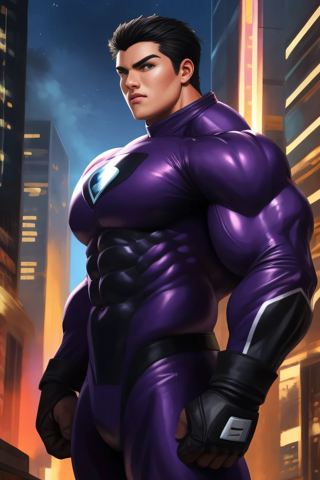 Competitive  bodybuilder pro, nj5pielry, (human boy, Massive, manly, huge, muscular, Gigachad), boy, very attractive boy, mexican ethnicity.  , . ((Extremely realistic shadows, Masterpiece, extremely detailed, photorealistic)), human, hornless, mischievous expression, Without beard, white teeth, ((Detailed face)) nose, brown eyes, ((detailed eyes, delicate eyes, realistic eyes)), tanned skin. Conan Exiles Style, standing front, young superhero (young face) ready to fight, top rated pixiv, wears a Bodysuit,  chiseled abs, chiseled pecs, 470 kgs, front view, even shoulders, perfect massive muscles, inflated muscles, voluminous pectorals, massive muscular body, a huge gigantic chest with a narrow waist, huge shoulders, ridiculously well-shaped large pecs, eight chiseled abs, arms thick as trunks and formidable thighs. (very toned and huge) hhis ridiculously broad shoulders, his absurdly wide back and his indecently muscular backs of arms, thick and defined thighs, huge and very voluminous and bulging pectorals;  A muscular bodybuilder in the . A potential competitive bodybuilder. Even the back of his head was hot, with his jet black military haircut and voluminous neck, narrow waist, superhero, Jet Black hair, military haircut, white sclera, blue eyes, no horns, d&d character, brave superhero, human, handsome face, young. City background, skyscraper, futuristic city, night, stars, night lights, skill image, looking to the viewer, hero whose presence inspires trust and respect. (((His hero suit is black and purple.))) (BACK) with big booty.