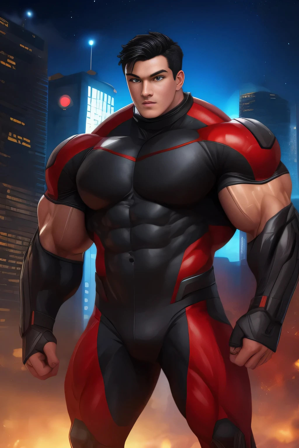 Competitive bodybuilder pro, nj5pielry, (human boy, Massive, manly, huge, muscular, Gigachad), boy, very attractive boy, mexican ethnicity. , . ((Extremely realistic shadows, Masterpiece, extremely detailed, photorealistic)), human, hornless, mischievous expression, Without beard, white teeth, ((Detailed face)) nose, brown eyes, ((detailed eyes, delicate eyes, realistic eyes)), tanned skin. Conan Exiles Style, standing front, young superhero (young face) ready to fight, top rated pixiv, wears a Bodysuit, chiseled abs, chiseled pecs, 470 kgs, front view, even shoulders, perfect massive muscles, inflated muscles, voluminous pectorals, massive muscular body, a huge gigantic chest with a narrow waist, huge shoulders, ridiculously well-shaped large pecs, eight chiseled abs, arms thick as trunks and formidable thighs. (very toned and huge) hhis ridiculously broad shoulders, his absurdly wide back and his indecently muscular backs of arms, thick and defined thighs, huge and very voluminous and bulging pectorals; A muscular bodybuilder in the . A potential competitive bodybuilder. Even the back of his head was hot, with his jet black military haircut and voluminous neck, narrow waist, superhero, Jet Black hair, military haircut, white sclera, blue eyes, no horns, d&d character, brave superhero, human, handsome face, young. City background, skyscraper, futuristic city, night, stars, night lights, skill image, looking to the viewer, hero whose presence inspires trust and respect. (((His hero suit is red and white.))) (BACK) with big booty.
