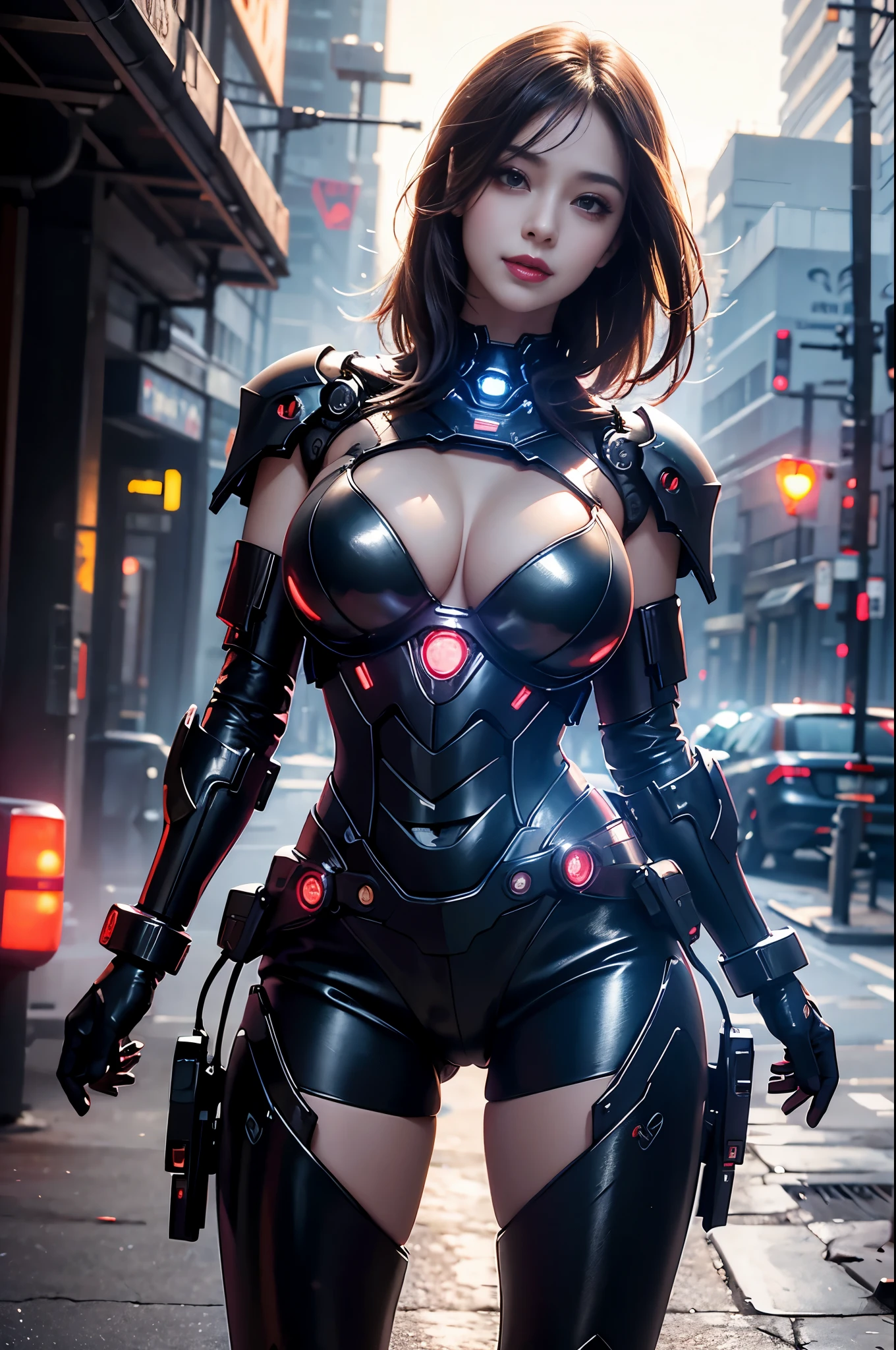 1girl,solo,(bright red lips,eyeliner,blush:0.9),huge breasts,(sagging breasts),happy,smile,looking at viewer,nsfw,pose,cowboy shot,dynamic pose, mecha,full armor,cyberpunk city night,dark theme,rim lighting, masterpiece,official art,best quality,ray tracing,volumetric light,realistic,photorealistic,ultra highres,vivid,nostalgia,bokeh,