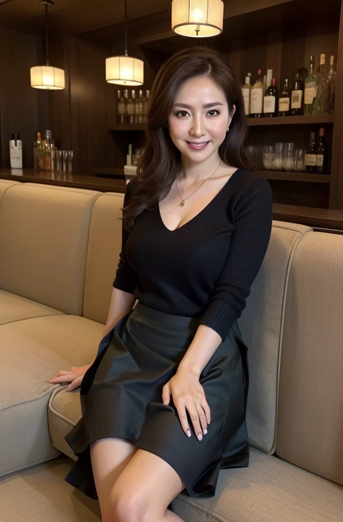 best quality, old woman, sitting, in the bar, with a sofa, ultra realistic photo, bar, smiling, looking at viewer, brown hair, pale skin, wrinkles skin, detailed face, detailed skin, glamorous, blue mini v neck dress, piercing, necklace, beauty mark, delicate facial features, curvy, old, japanese, inside, at night, from front, big eyes, (skirt hold:1.4), 16K, wide view, wide shot, intense wide shot, extreme wide shot, cowboy shot, hyperrealistic photo, realism, real person, ultra detailed, masterpiece, voluptuous, ((black high heels)), hime cut, drill hair