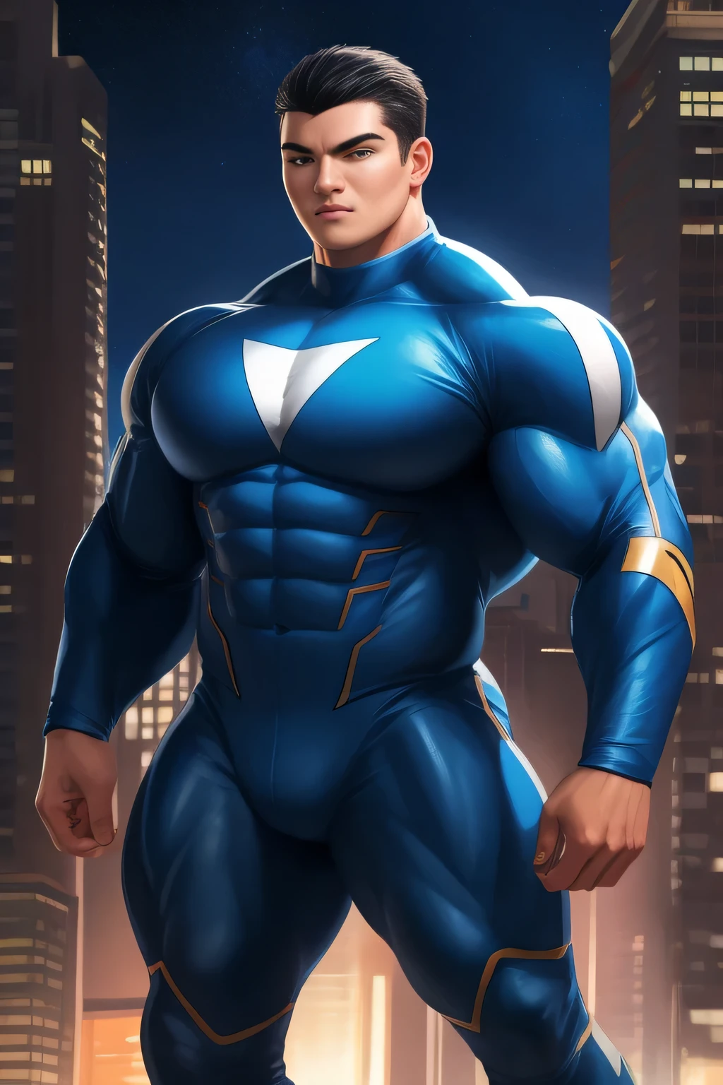 Competitive bodybuilder pro, nj5pielry, (human boy, Massive, manly, huge, muscular, Gigachad), boy, very attractive boy, mexican ethnicity. , . ((Extremely realistic shadows, Masterpiece, extremely detailed, photorealistic)), human, hornless, mischievous expression, Without beard, white teeth, ((Detailed face)) nose, brown eyes, ((detailed eyes, delicate eyes, realistic eyes)), tanned skin. Conan Exiles Style, standing front, young superhero (young face) ready to fight, top rated pixiv, wears a Bodysuit, chiseled abs, chiseled pecs, 470 kgs, front view, even shoulders, perfect massive muscles, inflated muscles, voluminous pectorals, massive muscular body, a huge gigantic chest with a narrow waist, huge shoulders, ridiculously well-shaped large pecs, eight chiseled abs, arms thick as trunks and formidable thighs. (very toned and huge) hhis ridiculously broad shoulders, his absurdly wide back and his indecently muscular backs of arms, thick and defined thighs, huge and very voluminous and bulging pectorals; A muscular bodybuilder in the . A potential competitive bodybuilder. Even the back of his head was hot, with his jet black military haircut and voluminous neck, narrow waist, superhero, Jet Black hair, military haircut, white sclera, blue eyes, no horns, d&d character, brave superhero, human, handsome face, young. City background, skyscraper, futuristic city, night, stars, night lights, skill image, looking to the viewer, hero whose presence inspires trust and respect. (((His hero suit is blue and white.))) (BACK) with big booty.