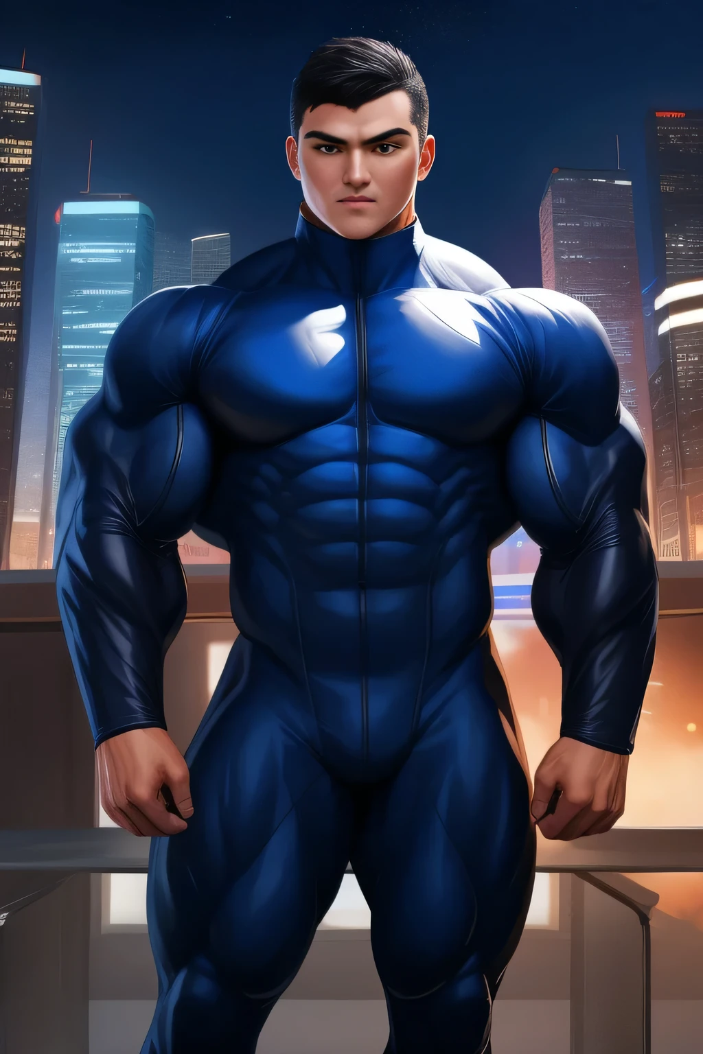 Competitive bodybuilder pro, nj5pielry, (human boy, Massive, manly, huge, muscular, Gigachad), boy, very attractive boy, mexican ethnicity. , . ((Extremely realistic shadows, Masterpiece, extremely detailed, photorealistic)), human, hornless, mischievous expression, Without beard, white teeth, ((Detailed face)) nose, brown eyes, ((detailed eyes, delicate eyes, realistic eyes)), tanned skin. Conan Exiles Style, standing front, young superhero (young face) ready to fight, top rated pixiv, wears a Bodysuit, chiseled abs, chiseled pecs, 470 kgs, front view, even shoulders, perfect massive muscles, inflated muscles, voluminous pectorals, massive muscular body, a huge gigantic chest with a narrow waist, huge shoulders, ridiculously well-shaped large pecs, eight chiseled abs, arms thick as trunks and formidable thighs. (very toned and huge) hhis ridiculously broad shoulders, his absurdly wide back and his indecently muscular backs of arms, thick and defined thighs, huge and very voluminous and bulging pectorals; A muscular bodybuilder in the . A potential competitive bodybuilder. Even the back of his head was hot, with his jet black military haircut and voluminous neck, narrow waist, superhero, Jet Black hair, military haircut, white sclera, blue eyes, no horns, d&d character, brave superhero, human, handsome face, young. City background, skyscraper, futuristic city, night, stars, night lights, skill image, looking to the viewer, hero whose presence inspires trust and respect. (((His hero suit is blue and white.))) (BACK) with big booty.