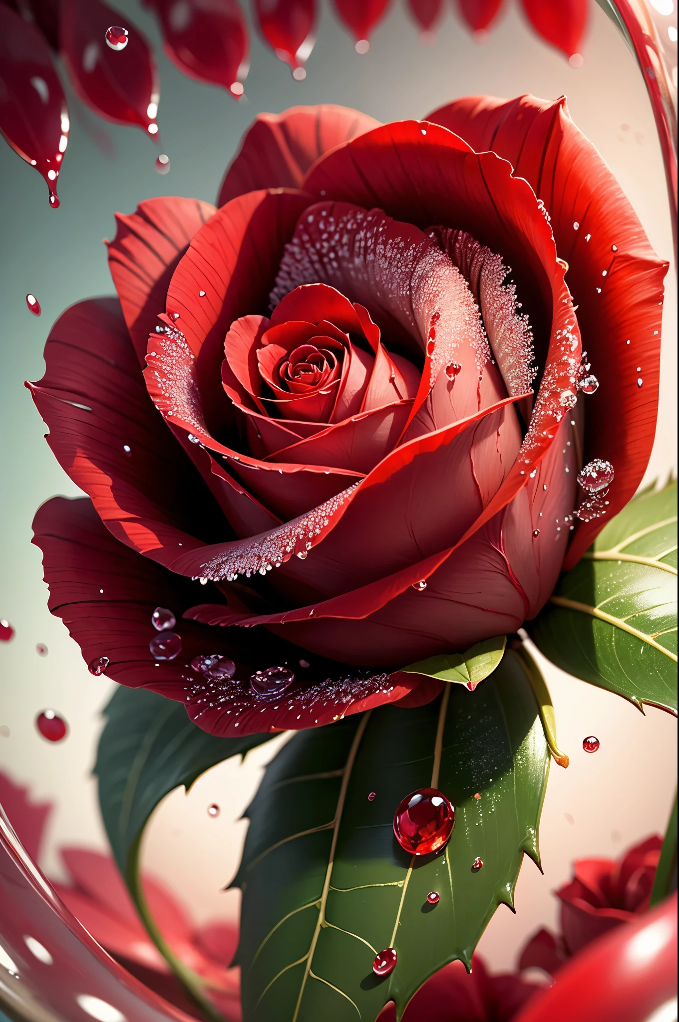 Inspired by the macro photography of Levon Biss, Create a detailed close-up of a red rose，Transparent water droplets on petals，very beautiful，8k，masterpiece，masterpiece，