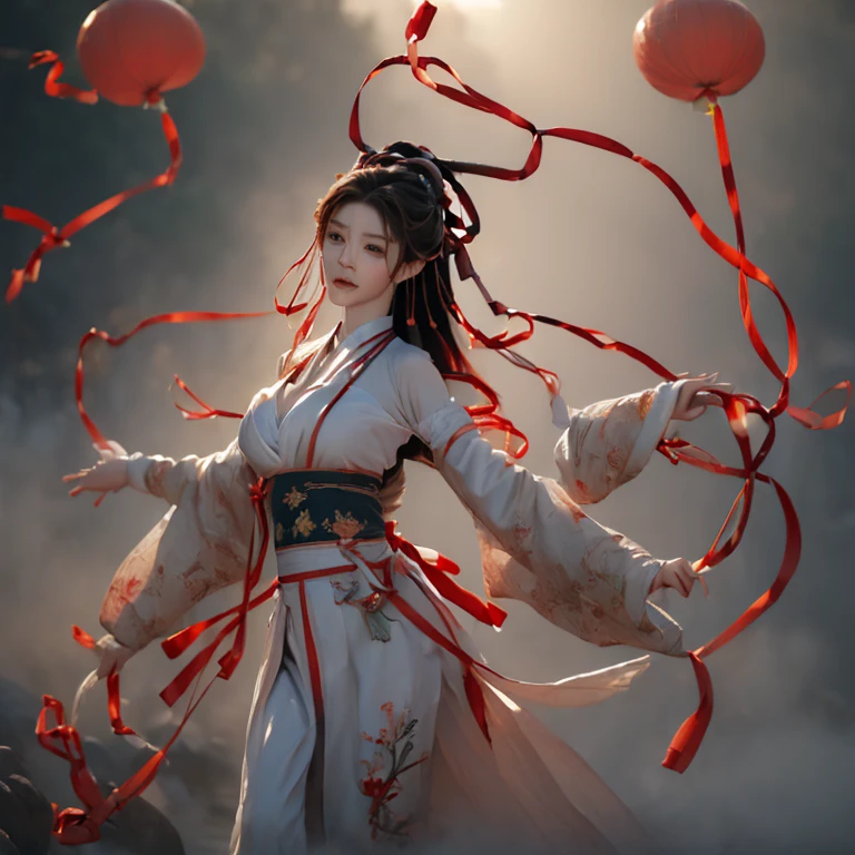 8k, original photo, best quality, masterpiece:1.2), (actual, Photo fidelity:1.4), (Very detailed CG Unity 8k wallpaper), a girl, pretty face, long hair, gradient hair, Very detailed, real skin, mature woman, (milf: 1.5), (alone), (飘逸的long hair), Jewelry in the hair, Very detailed, (Dance: 1.4), (floating ribbon: 1.6), wind, (wind格漩涡魔法: 1.1) , fantastic, Spectacular, (FOG: 1.4), alone, correct human body, ((right hand mechanism)), clear fingers, five fingers, Buddhist totem background, mural, Meitu, pretty face, clear facial features, Very detailed, high detail, whole body