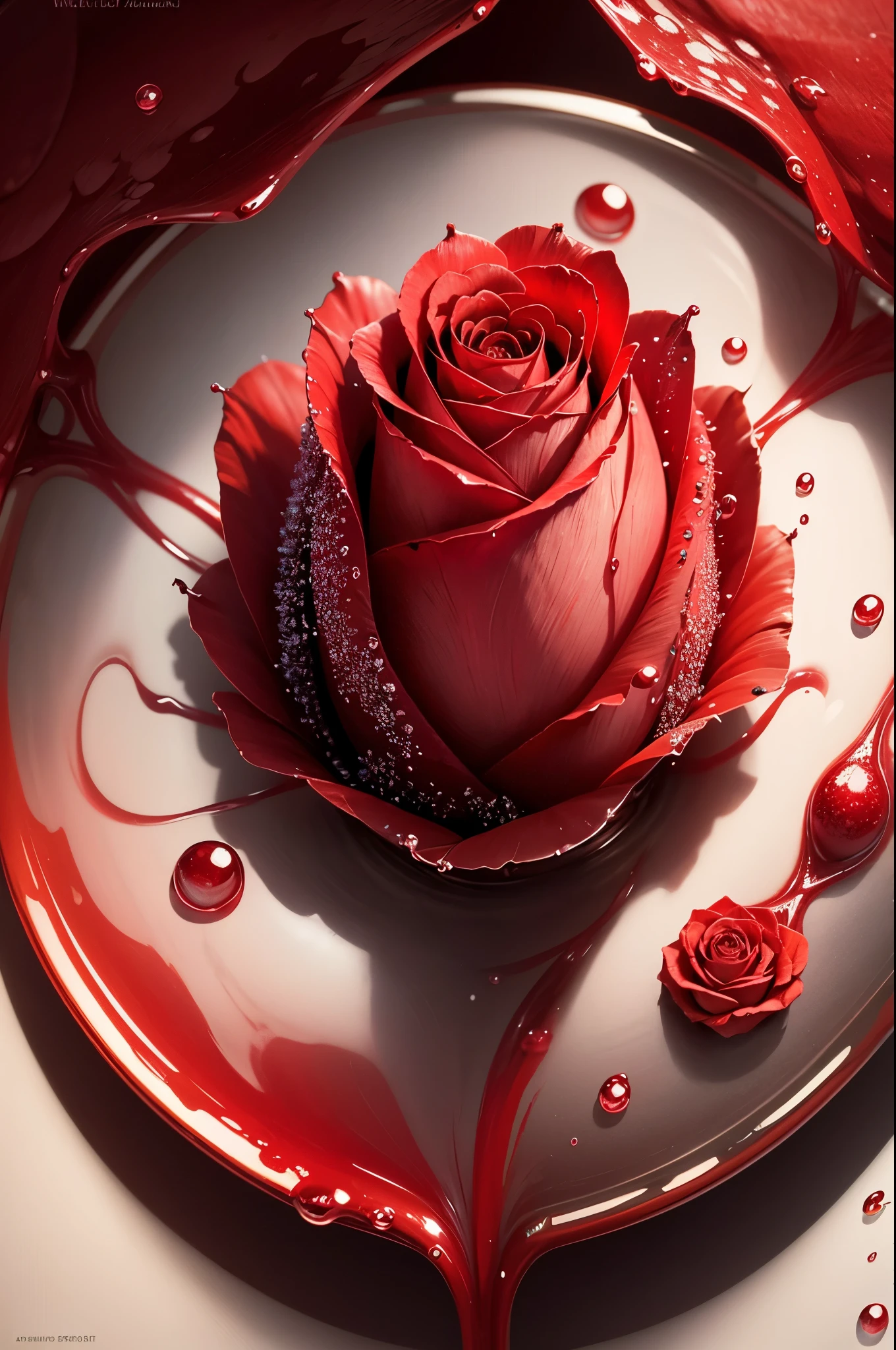 Inspired by the macro photography of Levon Biss, Create a detailed close-up of a red rose,Transparent water droplets on petals,very beautiful,8k,masterpiece,