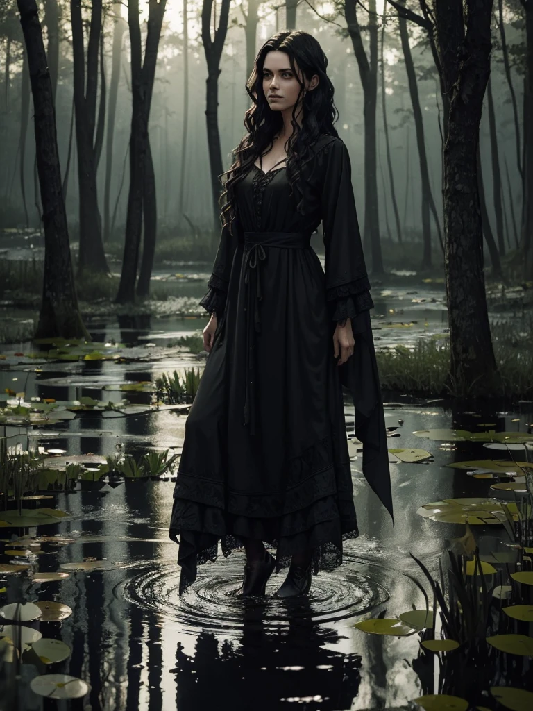 Slender witch with ((wavy dark hair)) (dressed in rags) hanging by a noose over a ((pond)) in a forest clearing. ((dramatic lighting)), ((masterpiece)), ((best quality)), ((highly detailed))
