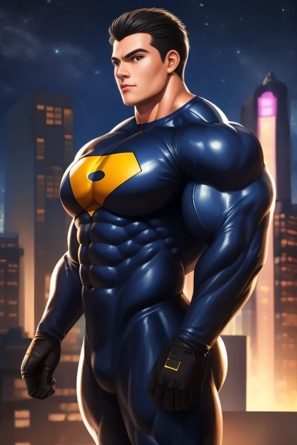 Competitive bodybuilder pro, nj5pielry, (human boy, Massive, manly, huge, muscular, Gigachad), boy, very attractive boy, mexican ethnicity. 16 years old, . ((Extremely realistic shadows, Masterpiece, extremely detailed, photorealistic)), human, hornless, mischievous expression, Without beard, white teeth, ((Detailed face)) nose, brown eyes, ((detailed eyes, delicate eyes, realistic eyes)), tanned skin. Conan Exiles Style, standing front, young superhero (young face) ready to fight, top rated pixiv, wears a Bodysuit, chiseled abs, chiseled pecs, 470 kgs, front view, even shoulders, perfect massive muscles, inflated muscles, voluminous pectorals, massive muscular body, a huge gigantic chest with a narrow waist, huge shoulders, ridiculously well-shaped large pecs, eight chiseled abs, arms thick as trunks and formidable thighs. (very toned and huge) hhis ridiculously broad shoulders, his absurdly wide back and his indecently muscular backs of arms, thick and defined thighs, huge and very voluminous and bulging pectorals; A muscular bodybuilder in the . A potential competitive bodybuilder. Even the back of his head was hot, with his jet black military haircut and voluminous neck, narrow waist, superhero, Jet Black hair, military haircut, white sclera, blue eyes, no horns, d&d character, brave superhero, human, handsome face, young. City background, skyscraper, futuristic city, night, stars, night lights, skill image, looking to the viewer, hero whose presence inspires trust and respect. (((His hero suit is black.))) (BACK) wide and voluminous back, firm butt, round and firm buttocks, with big booty.