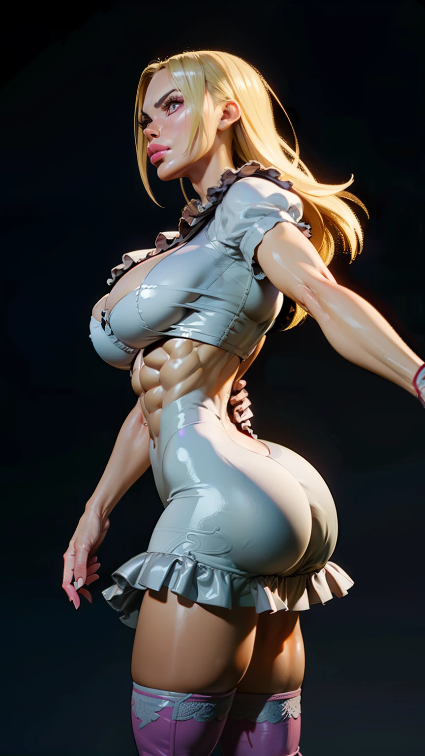 Generate an illustration of a mature lily, 1girl, looking slightly to the side, laying on knees, view from behind, perfect ass, ((Tekken)), blonde hair , (aletta ocean face), de terno preto, (short dress:1.3), long hair, (large breasts:1.4), in anime format with a serious style, (white dress), ((frilled dress)), white boots, gothic make up, masterpiece, ((dark lighting)), black background, (puffy lips),((slendered abs)), beautiful face,
