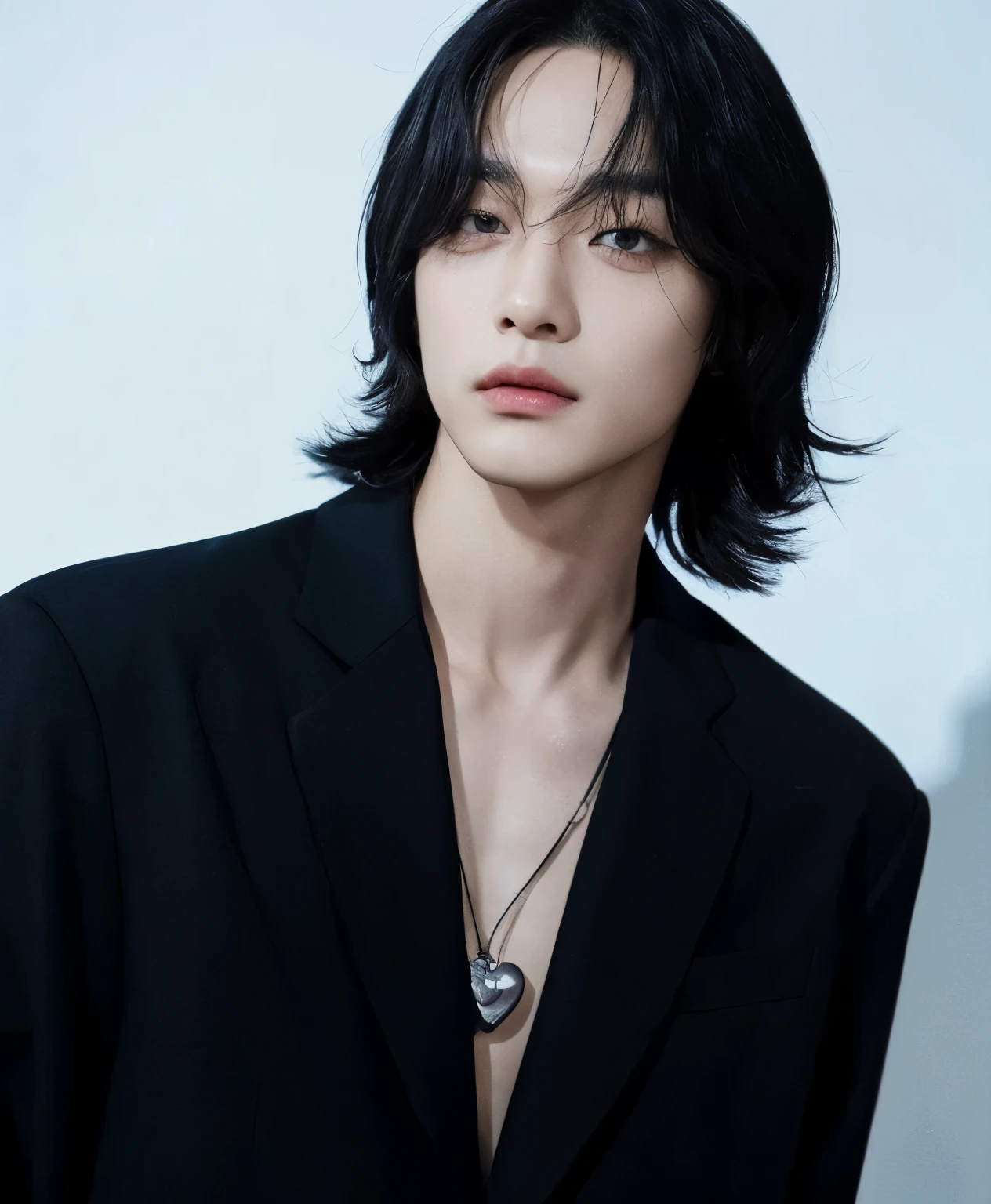 Taehyung com uma jaqueta preta e colar, Kim Taehyung, Taehyung com cabelo preto, hyung tae kim, hyung, cabelo preto, inspirado em Taehyung do grupo BTS, androgen, HOMEM, TAEHYUNG 