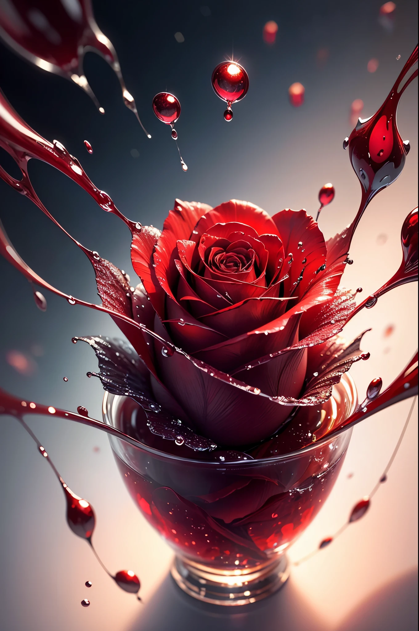 Inspired by the macro photography of Levon Biss, Create a detailed close-up of a red rose,transparent water droplets,very beautiful,8k,masterpiece,