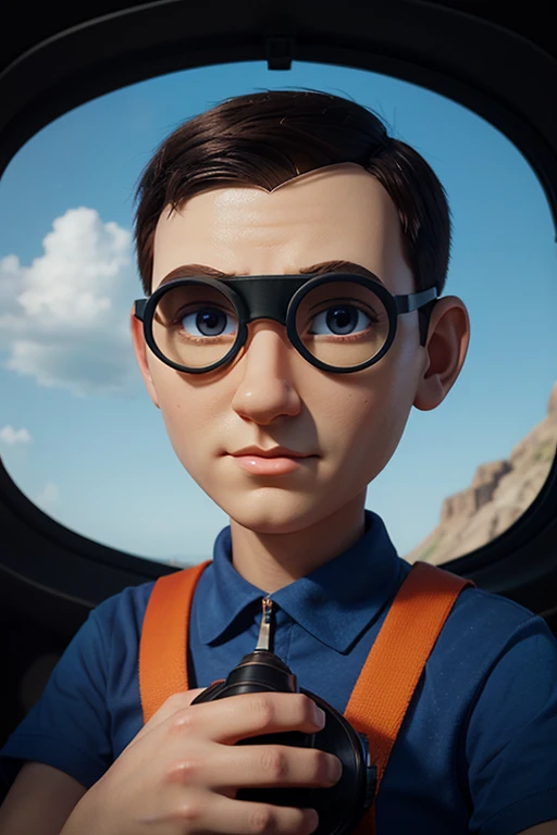 Produce an avatar image，A cartoon male scout with a big head，Binoculars in both hands，Put it on your eyes and look around，C4D effect，high resolution
