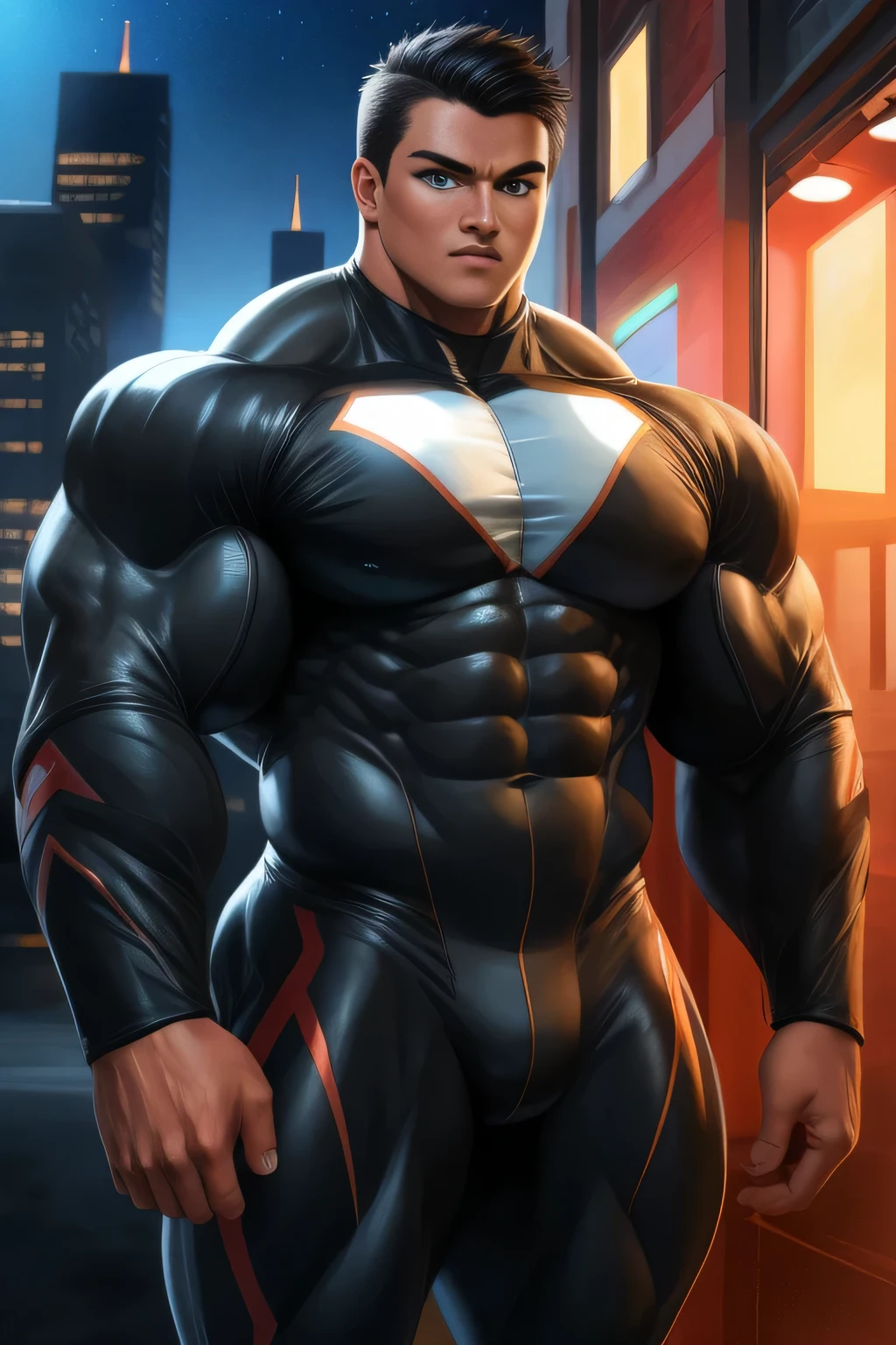 Competitive bodybuilder pro, nj5pielry, (human boy, Massive, manly, huge, muscular, Gigachad), boy, very attractive boy, mexican ethnicity. , . ((Extremely realistic shadows, Masterpiece, extremely detailed, photorealistic)), human, hornless, mischievous expression, Without beard, white teeth, ((Detailed face)) nose, brown eyes, ((detailed eyes, delicate eyes, realistic eyes)), tanned skin. Conan Exiles Style, standing front, young superhero (young face) ready to fight, top rated pixiv, wears a Bodysuit, chiseled abs, chiseled pecs, 470 kgs, front view, even shoulders, perfect massive muscles, inflated muscles, voluminous pectorals, massive muscular body, a huge gigantic chest with a narrow waist, huge shoulders, ridiculously well-shaped large pecs, eight chiseled abs, arms thick as trunks and formidable thighs. (very toned and huge) hhis ridiculously broad shoulders, his absurdly wide back and his indecently muscular backs of arms, thick and defined thighs, huge and very voluminous and bulging pectorals; A muscular bodybuilder in the . A potential competitive bodybuilder. Even the back of his head was hot, with his jet black military haircut and voluminous neck, narrow waist, superhero, Jet Black hair, military haircut, white sclera, blue eyes, no horns, d&d character, brave superhero, human, handsome face, young. City background, skyscraper, futuristic city, night, stars, night lights, skill image, looking to the viewer, hero whose presence inspires trust and respect. (((His hero suit is black.))) (BACK) wide and voluminous back, firm butt, round and firm buttocks, with big booty.