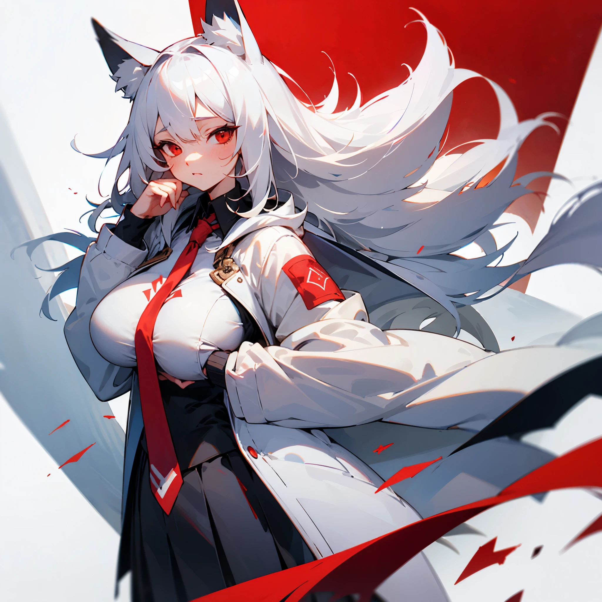 fox girl, big breast, white hair, red eye, white jacket, red tie, shy, skirt