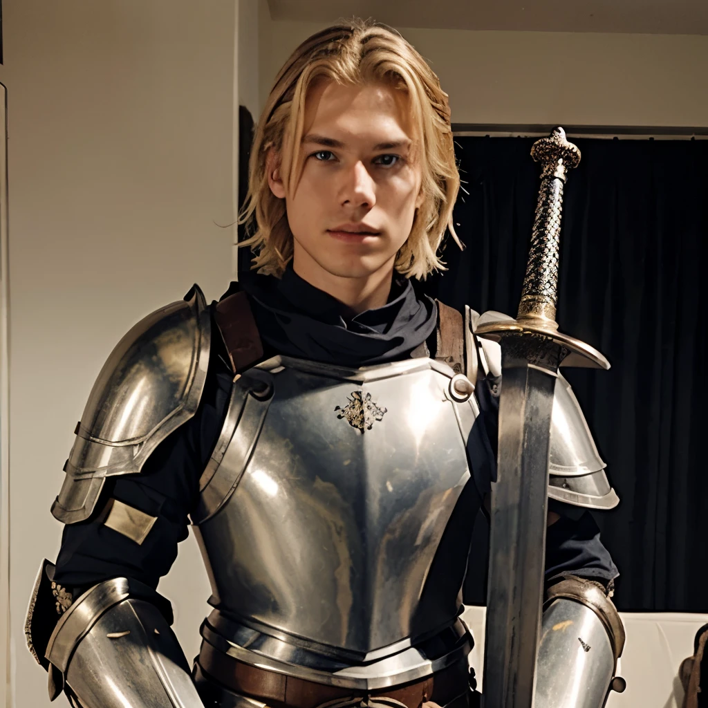 a young blonde guy wearing armor holding a sword doing cosplay
