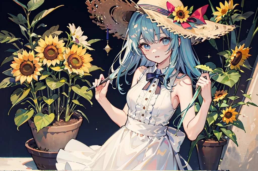 ray tracing,{best quality}, {{masterpiece}}, {highres}, original, extremely detailed 8K wallpaper, {an extremely delicate and beautiful},incredibly_absurdres,colorful,intricate detail,artbook,flower, 1girl, hat, plant, straw_hat, leaf, lily_\(flower\), potted_plant, sleeveless, solo, looking_at_viewer, sunflower, hat_flower, breasts, bare_shoulders, bangs, medium_breasts, upper_body, parted_lips,White skirt