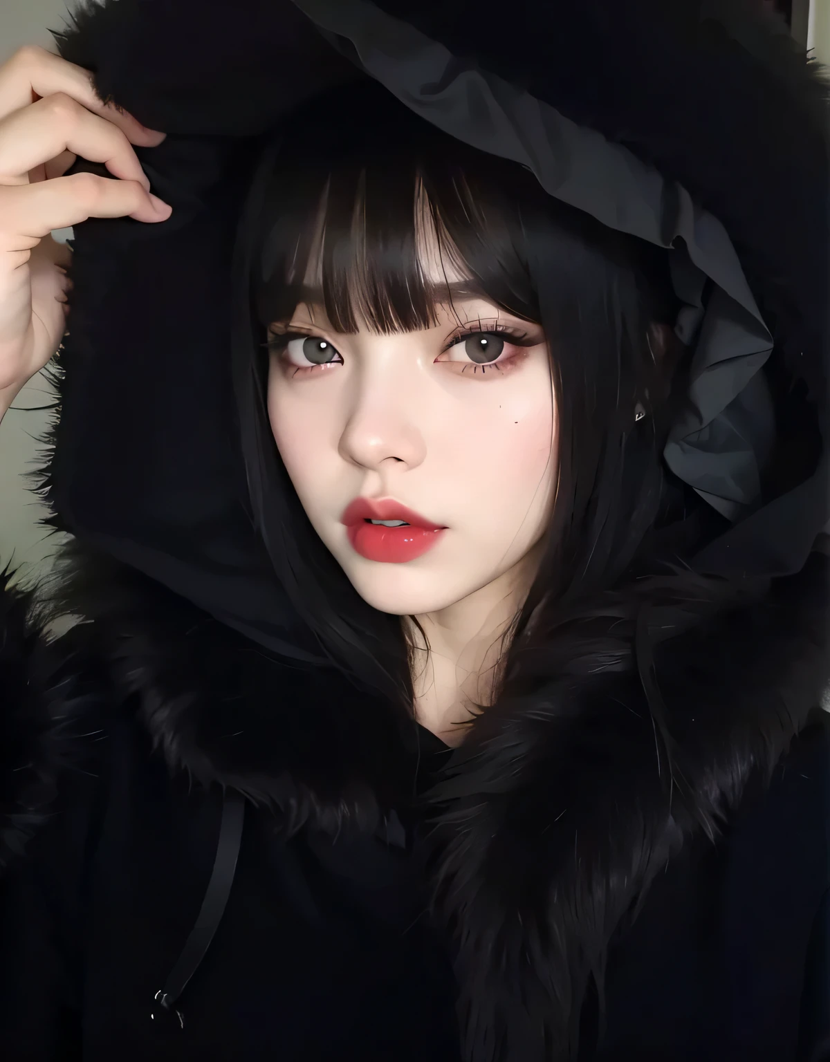 1girl, solo，  looking at viewer, short hair, brown hair, shirt, black hair,  brown eyes, jewelry,  earrings, parted lips, , mole, blurry, lips, mole under eye,realistic, nose，  Araffe with a black hoodie and a red lip, cruel korean goth girl, pelo escuro, Ulzzang, 1 7 - year - old anime goth girl, Ela tem cabelo preto com franja, pele escura elegante, pale goth beauty, preto hime corte cabelo, goth girl aesthetic,  anime na vida real, cabelos pretos e olhos grandes, gothic girl face