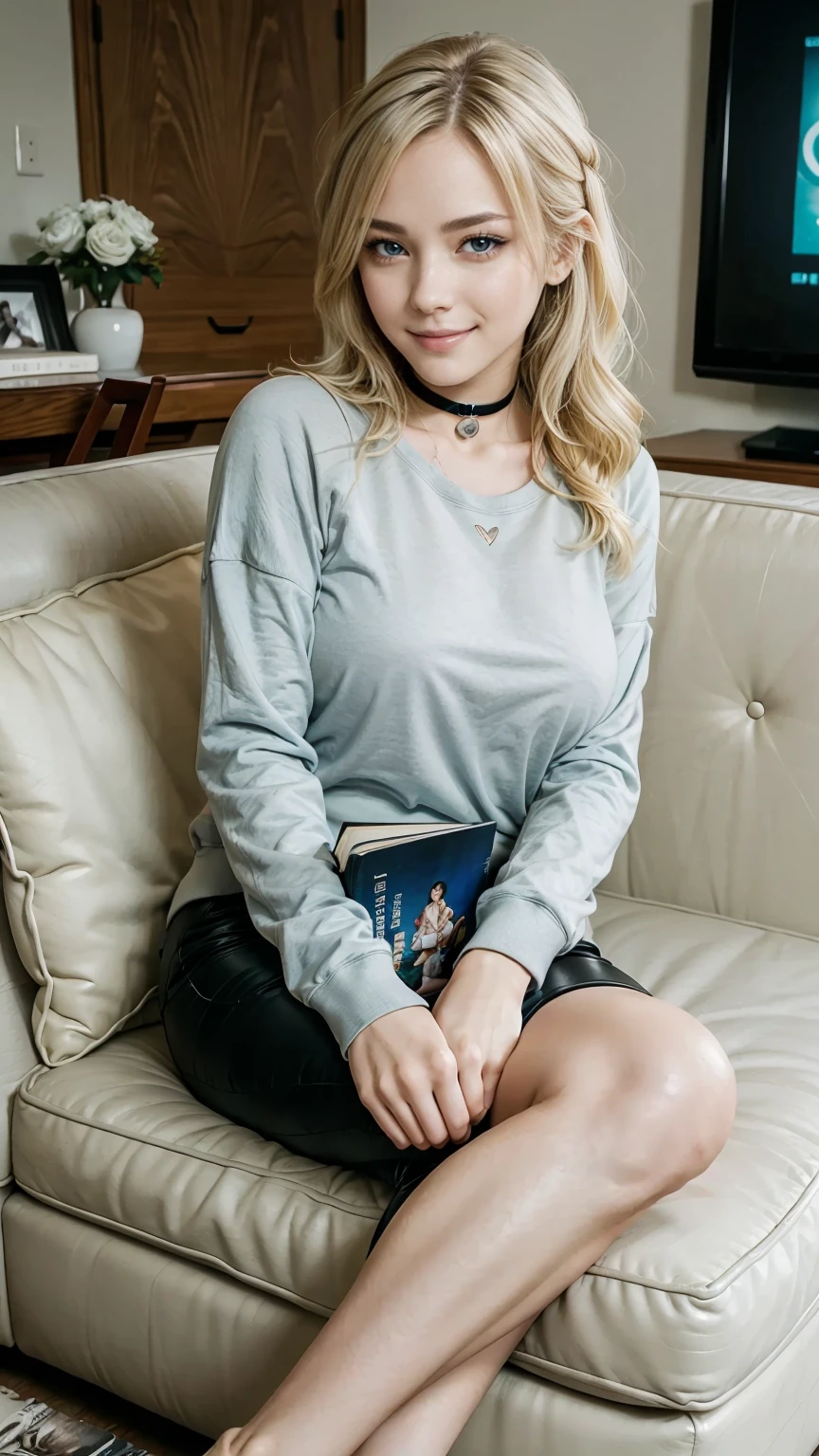 25-year-old Caucasian woman、platinum blonde、blue eyes、semi-long、my hair is wavy、accessories on the wrist、wearing a choker、slim muscular body、I don't want my head to disappear from the screen.、I'm wearing sweatshirts and jersey pants.、I am sitting on a one-seater sofa in my living room.、I put my feet on the ottoman and stretch my legs.、holding an open book in hand、Watching a book、My heart is pounding、smile