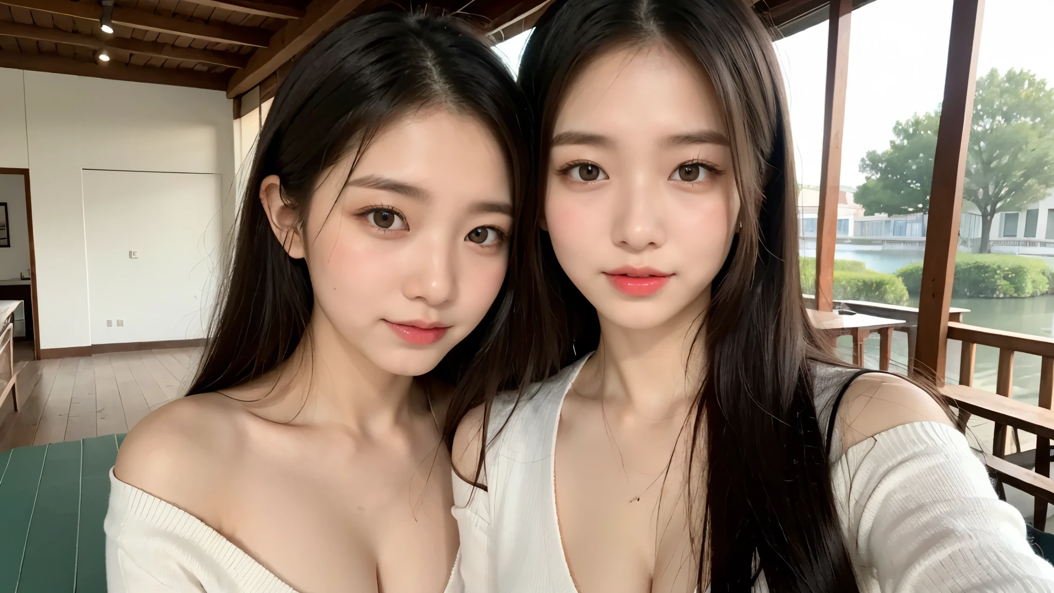 (((cleavage)))，2 beauties standing and hugging，(High resolution 8K Raw lifelike,best quality)，Fashion trendy beautiful charming woman，gentle and charming Chinese beautiful woman，South Korea,South Korea流行偶像，Charming goose egg face，double eyelids，skilled[The lower eyeballs are peach colored，red pink lips，small nose，The focus is on the face，face close-up，super detailed，（（letter and kanji print button sweater）），printed letters, Chinese characters, There are phoenix patterns on the clothes.，(Off the shoulders)，curly wavy hair， fresh and impressive， natural color，Front lights，Normal body proportions， big breasts，tattoo，(There is a pond outside the window，Ancient Pavilion，Ancient bridge，lotus leaf，Water lotus，Small island)，sunshine on face，sweet smile