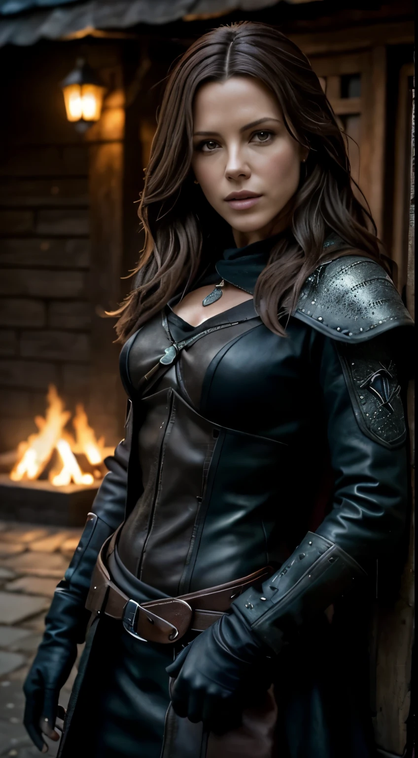 Foto hiperrealista en primer plano de Kate Beckinsale, Create dystopian masterpieces. as a witcher, scene from the Witcher movie, the entire figure dressed in witcher style, outside of medieval inn, beautiful woman, skinny, small breasts, straight brown hair, detailed face, photo taken from a distance, age 20 tears old