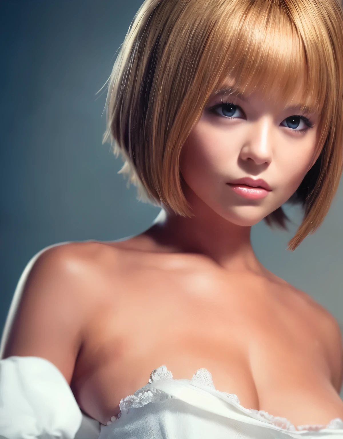 highest quality、8K masterpiece、Super high resolution、(Photoreal:1.3)、RAW photo、1 girl、short bob hair、glowing skin、Maid clothes、((Super realistic details))、Portrait、global illumination、octane rendering、In 8K、super sharp、beautiful breasts、very intricate details、realistic light、CG Society Trends、beautiful eyes、shining eyes、towards the camera、wicked smile