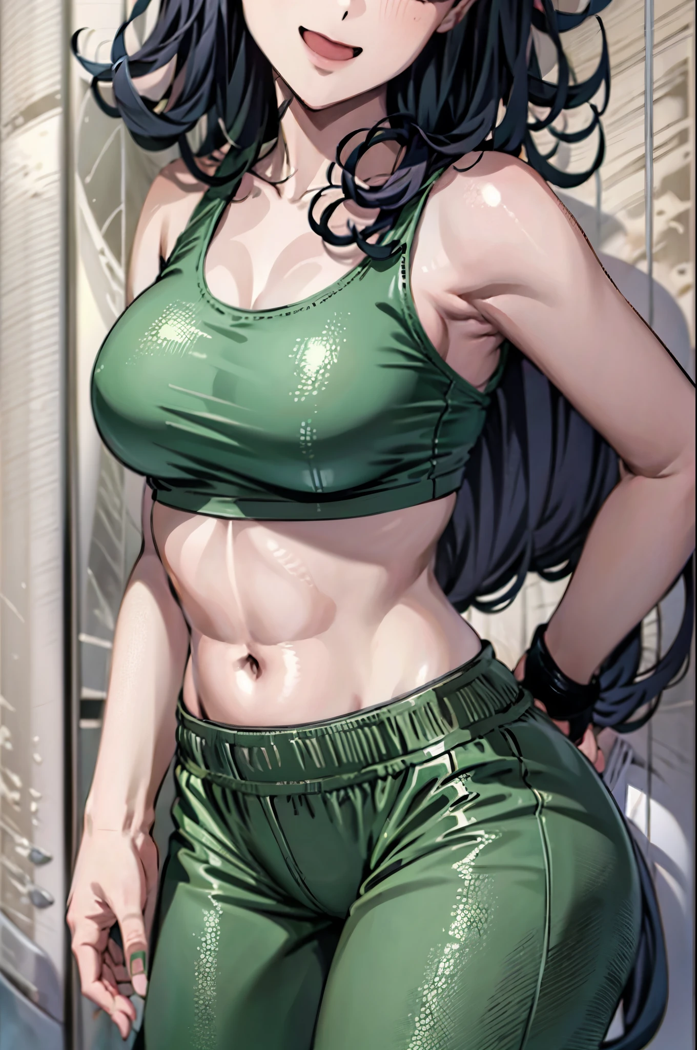 ,masterpiece, best quality, photorealistic, yujiasuit, yoga sports bra, yoga pants, 1girl, solo, , yoga ball, pants, looking at viewer, smile, green sports bra, simple background, , midriff, long hair, breasts, green pants, sportswear, tank top, upper body,gren hair,green eyes