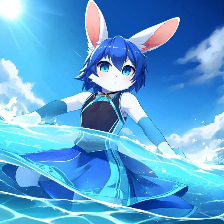 rabbit,flowing water around,blue,clear,Detailed character details