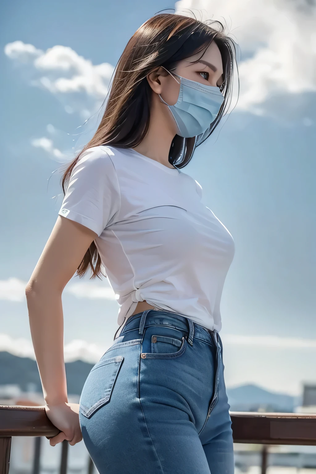 ((dusk, best quality, 8k, masterpiece :1.3)), Put on a surgical mask，contour，blue，beautiful，whole body, long legs, sharp focus :1.2, beautiful woman，Perfect body :1.4, slim abs :1.1, ((dark brown hair,  :1.2)), (white tight t-shirt,jeans, Everlasting:1.2), ((dusk, Blue sky and white clouds:1.3)), Highly detailed facial and skin textures, exquisite eyes, double eyelids，contour仰头