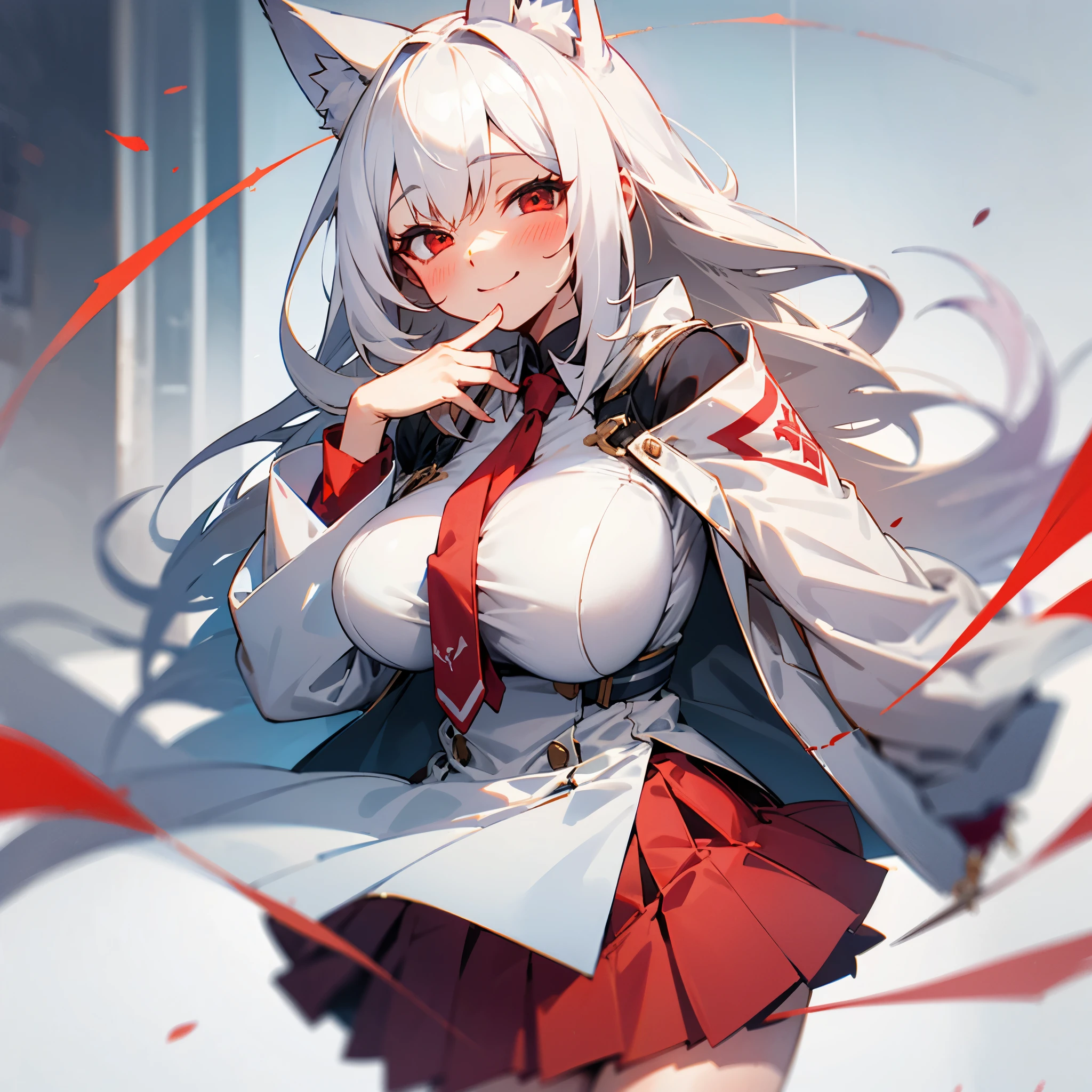 fox girl, big breast, white hair, red eye, white jacket, red tie, shy, blush, smile, skirt