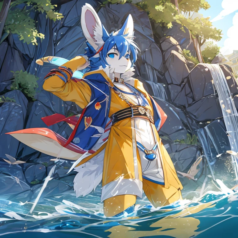 rabbit,flowing water around,blue,clear,Detailed character details