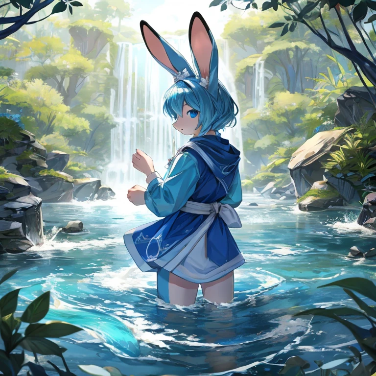 rabbit,flowing water around,blue,clear,Detailed character details