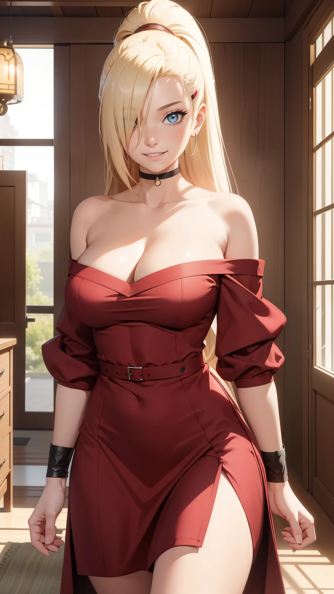 "Extremely detailed CG Unity 8K wallpapers，Ino yamanaka，masterpiece，indoor，bedroom，floor，best picture quality，surrounded by toys，Volumetric light，Blonde，Face turned red，Smile，Off the shoulder dress，Bangs cover one eye，fat，looking at camera