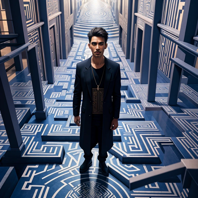 labyrinth, multiple_paths, divergent_narrative, escher_style, intricate_lines, illusory_perspective, vibrant_colors, contrasting_colors, maze, facial_expression_surprise, facial_expression_curiosity, bright_lighting, atmosphere_of_discovery, atmosphere_of_challenge