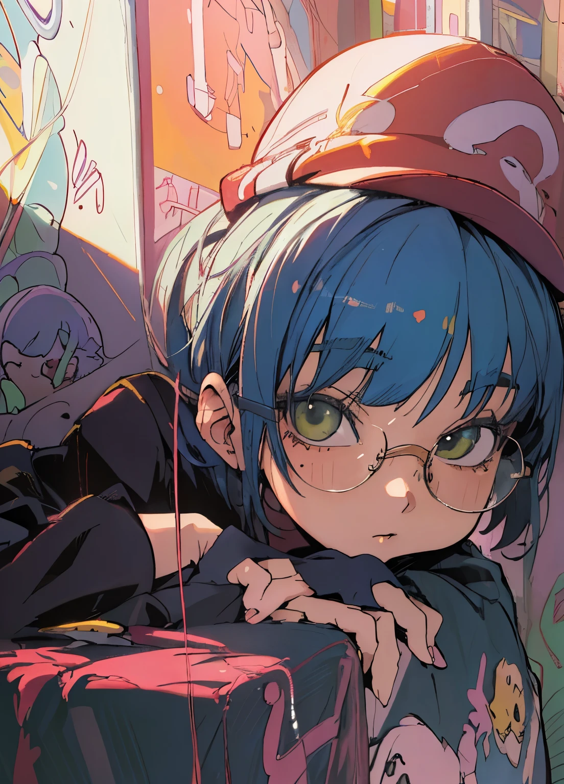 (best quality,4k,8k,highres,masterpiece:1.2),ultra-detailed,(realistic,photorealistic,photo-realistic:1.37),cartoon girl with glasses,wearing a hat,lofi girl,cartoon art style,lofi art style,flat anime style,cute cartoon style,anime art style,hand painted cartoon art style,cartoon art style,anime style,2D anime style,90s anime art style,loish art style,with vibrant colors,soft lighting