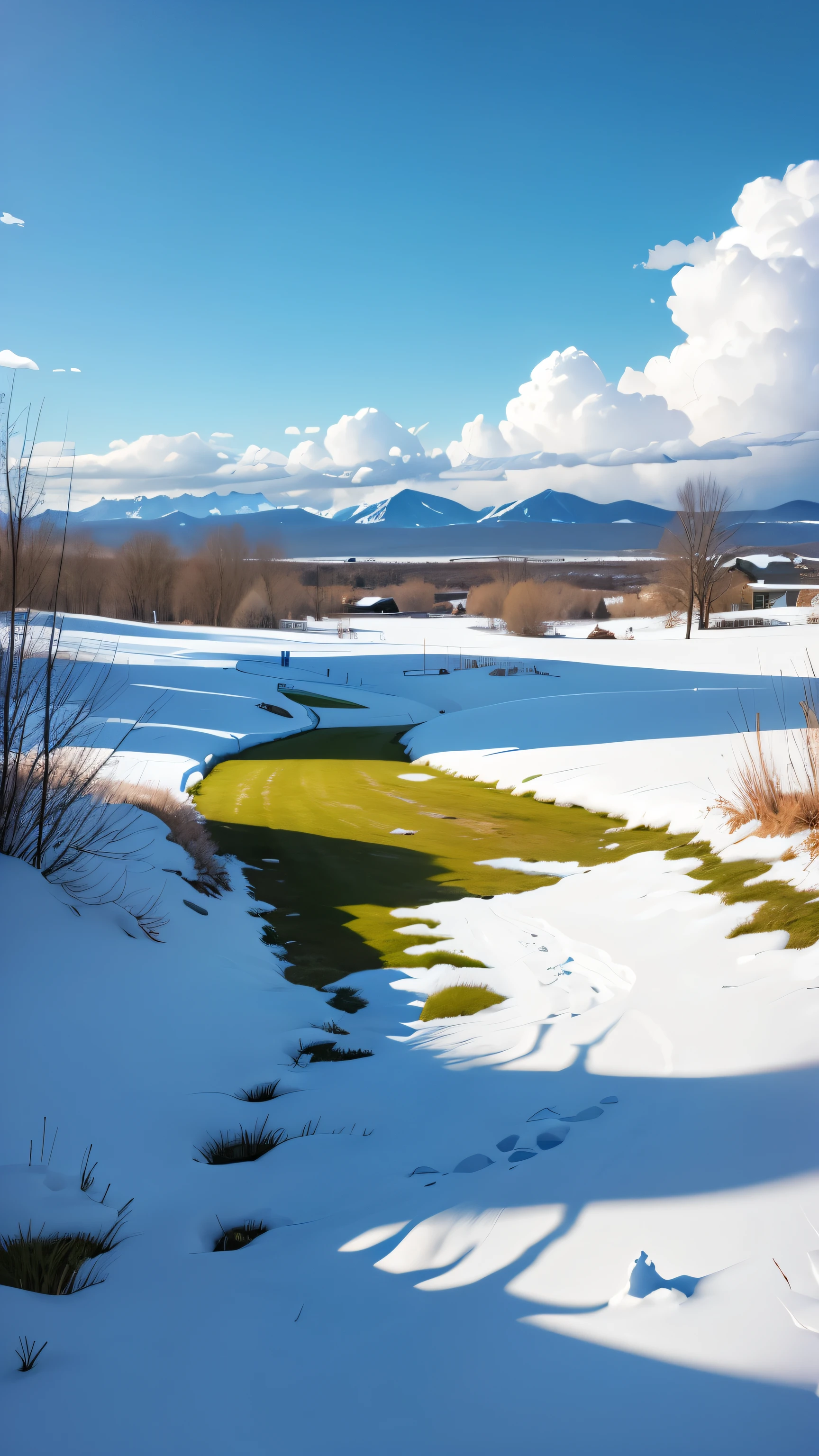 blue sky,Snow on the ground,Occasionally a little green grass