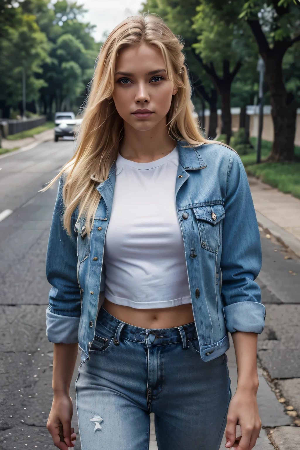 a realistic 4k image a blonde full haired model standing on a road, facing the camera, wearing a white tshirt with a black denim jacket, with contact lens on the eyes, good in shape with little muscle,