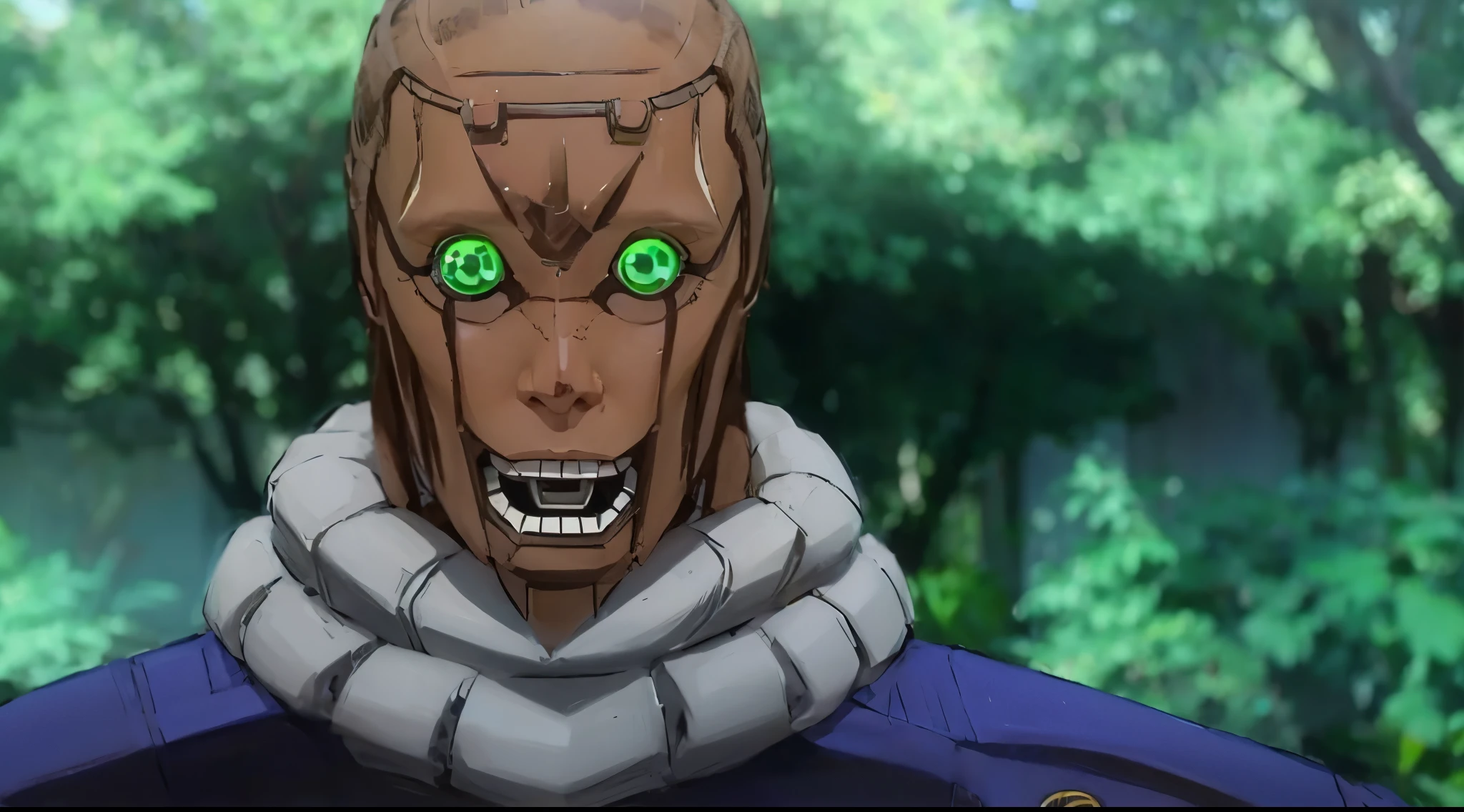 Steal brown robot,green eyes, symbol in forehead, blue dress