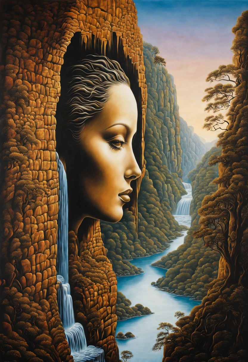 Octavio Ocampo style, Octavio Ocampo's metamorphic painting, landscape with cliff and waterfall form a silhouette of a female face, where cliff is a woman's head, waterfall is a woman's hair, Optical Illusions, full compliance with Octavio Ocampo style, double exposure, double content