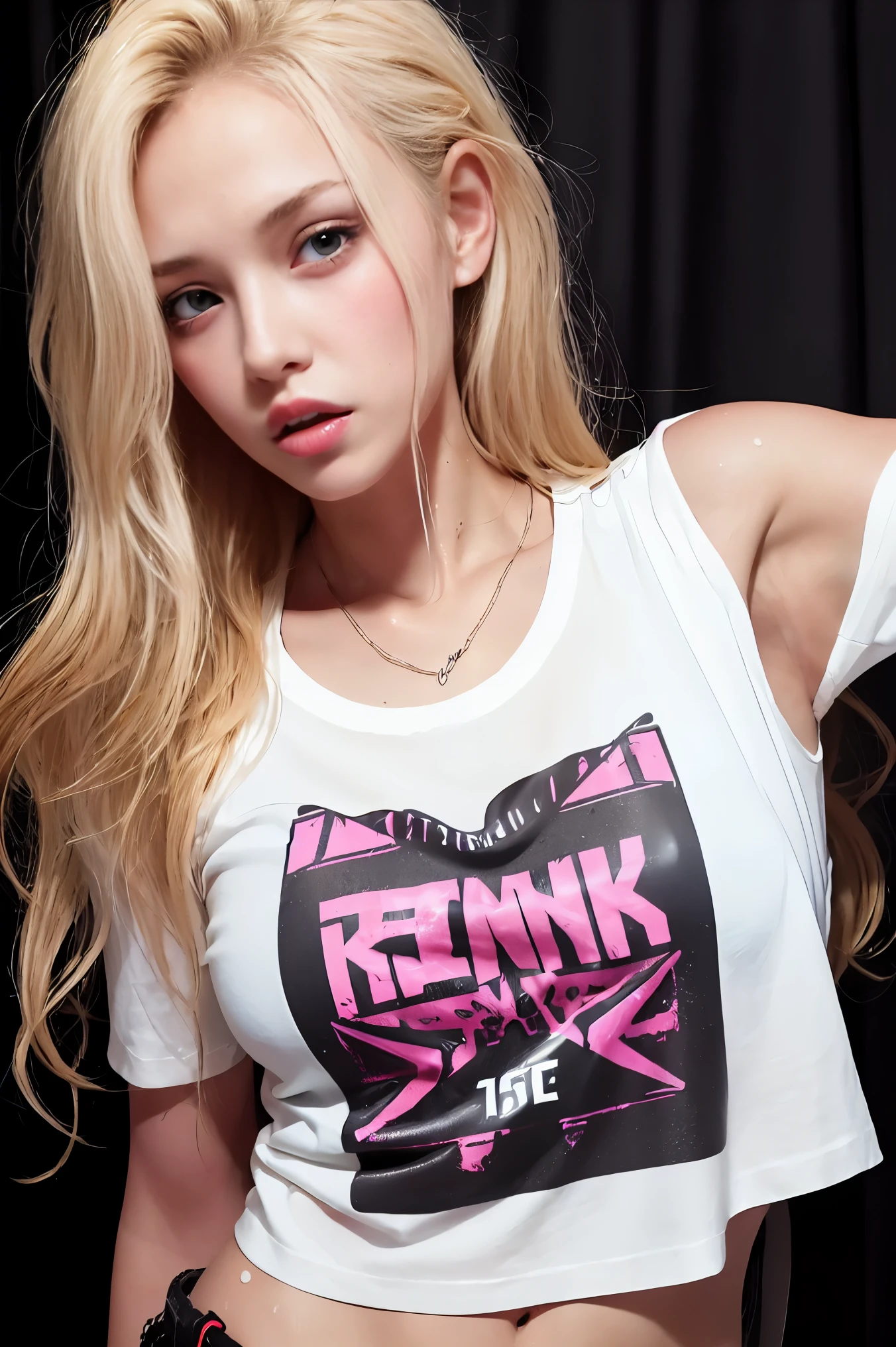 (1 girl),large chest,  chest, tan, wet skin, sweaty skin, wavy blonde hair, punk t-shirt, punk girl