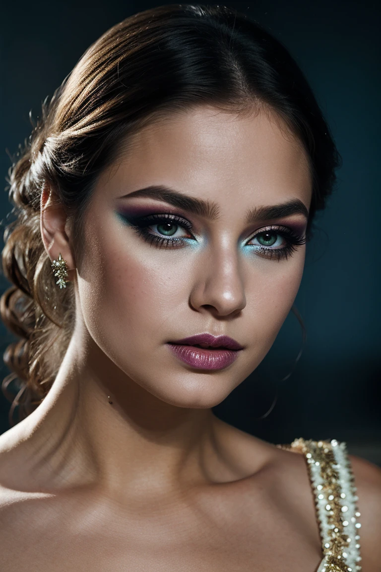 closeup, face focus, professional photography, 1girl, heavy makeup, ((fantasy makeup)), dramatic, cinematic lighting, blurred background, cool tones, (hbo euphoria)