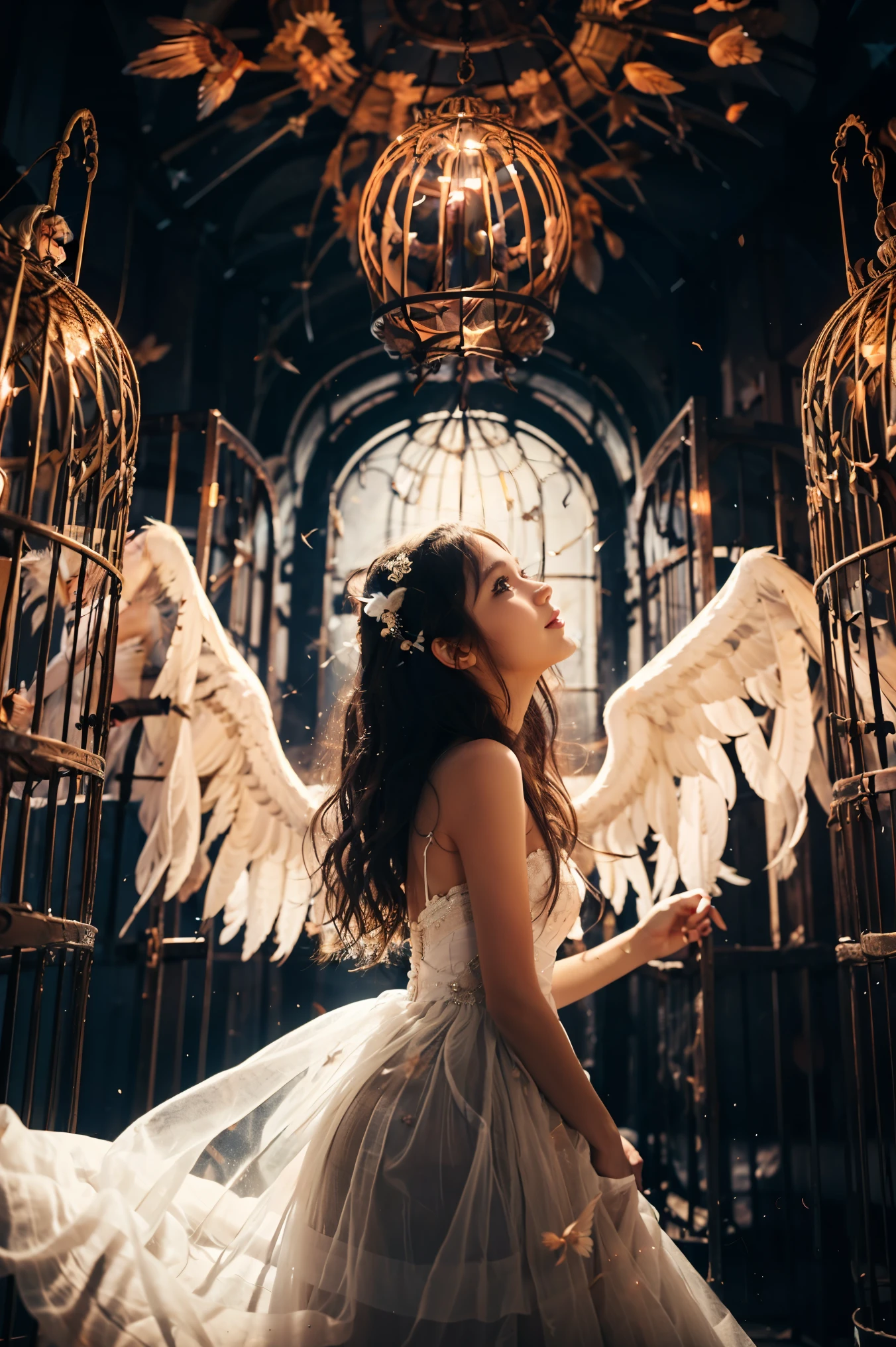 girl, large wings, Angel, goddess, innocent, long hair, black hair, brown eyes, white dress, open birdcage, Are standing at door, Are standing, look up, Side view, smile, free, Open Door