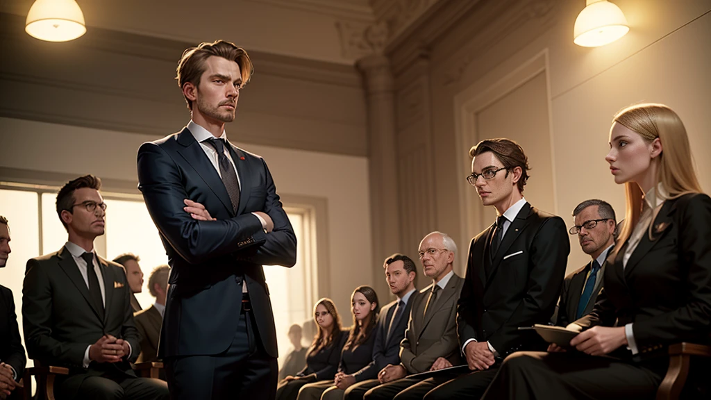 there is a man standing in front of a group of people, business meeting, by Juergen von Huendeberg, by Seb McKinnon, giving a speech, by Emma Andijewska, facing to audience, by Mathias Kollros, interesting background, épaule devant pose, by Jakob Gauermann, by Matija Jama