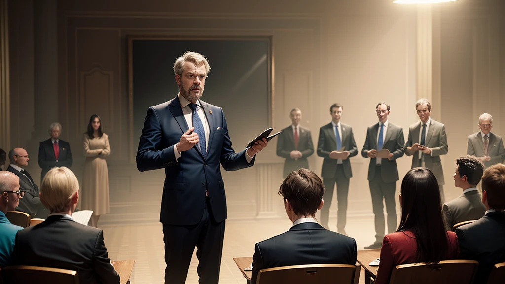 there is a man standing in front of a group of people, business meeting, by Juergen von Huendeberg, by Seb McKinnon, giving a speech, by Emma Andijewska, facing to audience, by Mathias Kollros, interesting background, épaule devant pose, by Jakob Gauermann, by Matija Jama